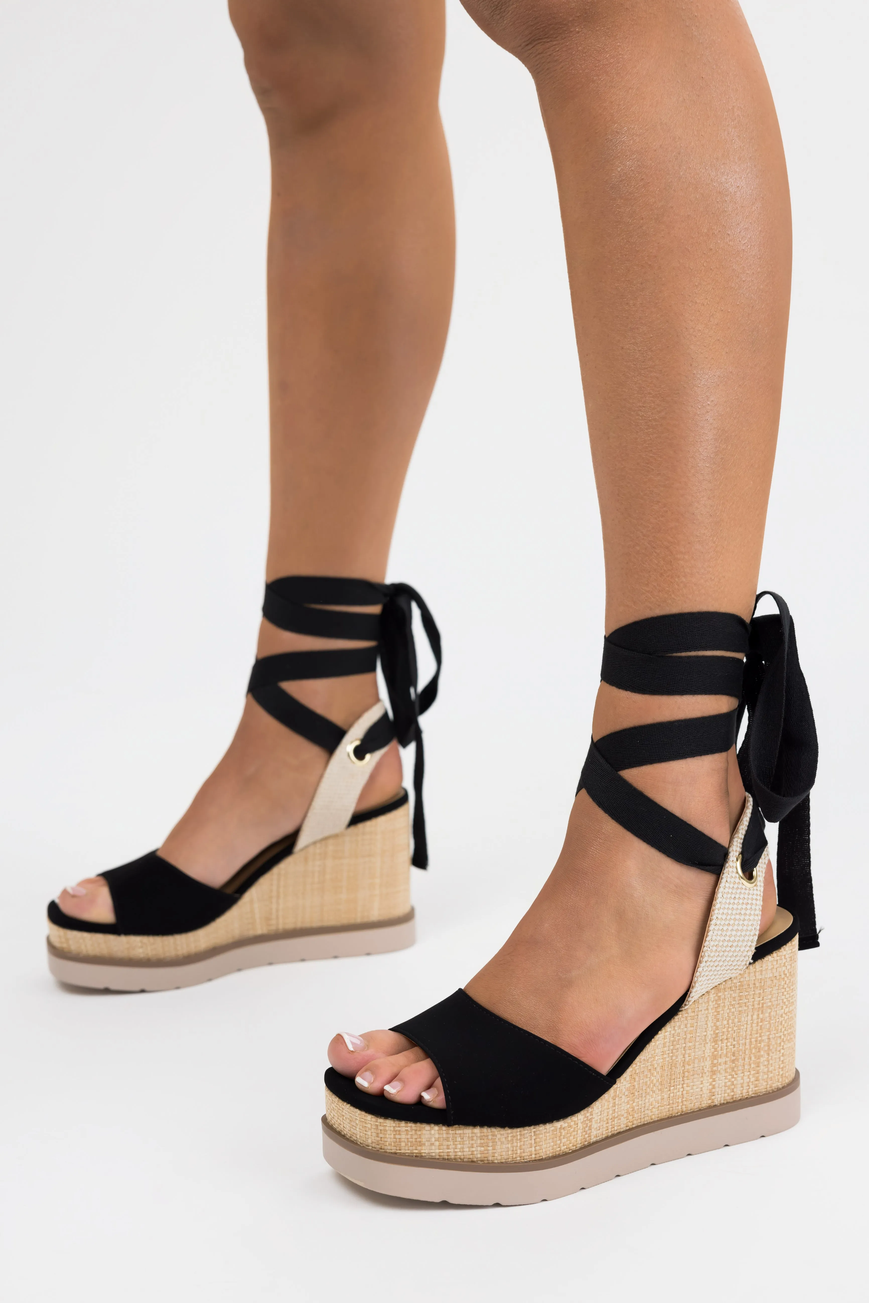 Black Wrapped Ankle Raffia Platform Wedges