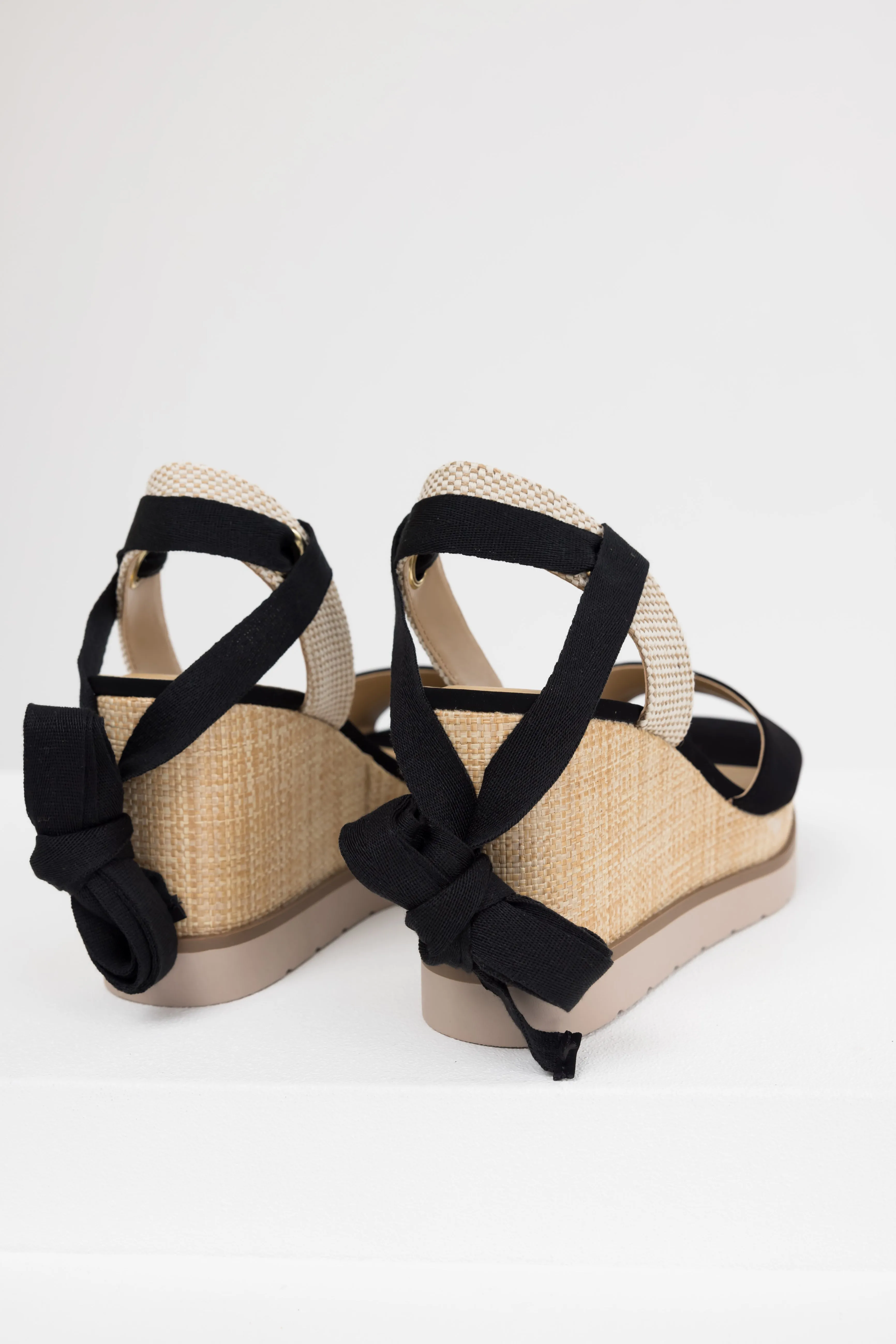 Black Wrapped Ankle Raffia Platform Wedges