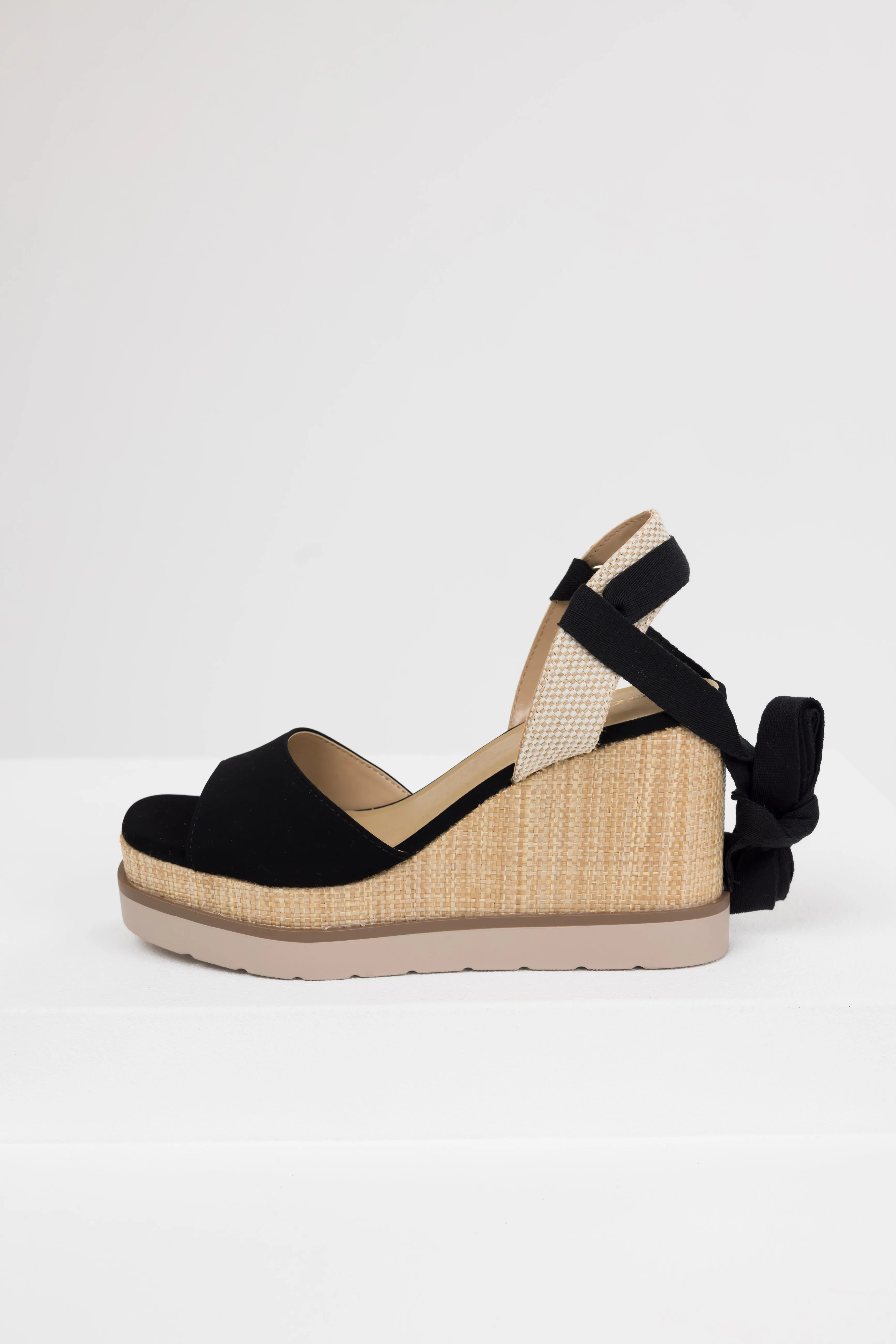 Black Wrapped Ankle Raffia Platform Wedges