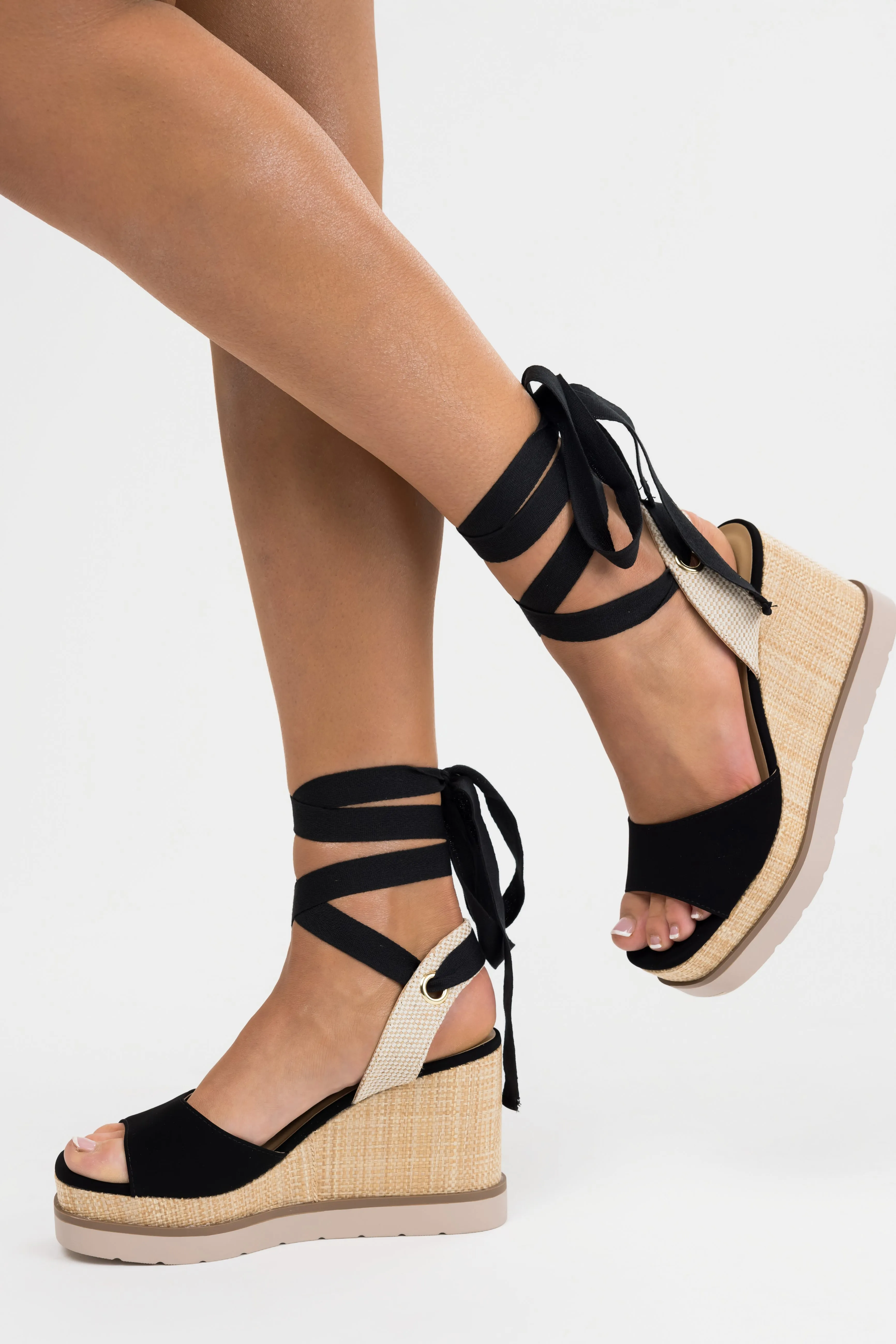 Black Wrapped Ankle Raffia Platform Wedges