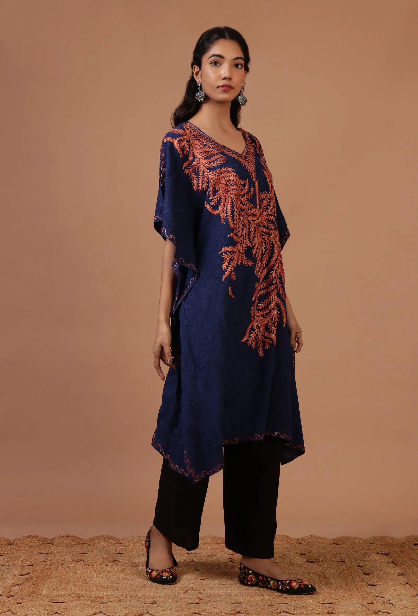 Blue Cotton Crush Ari Embroidered Kaftan- Free Size