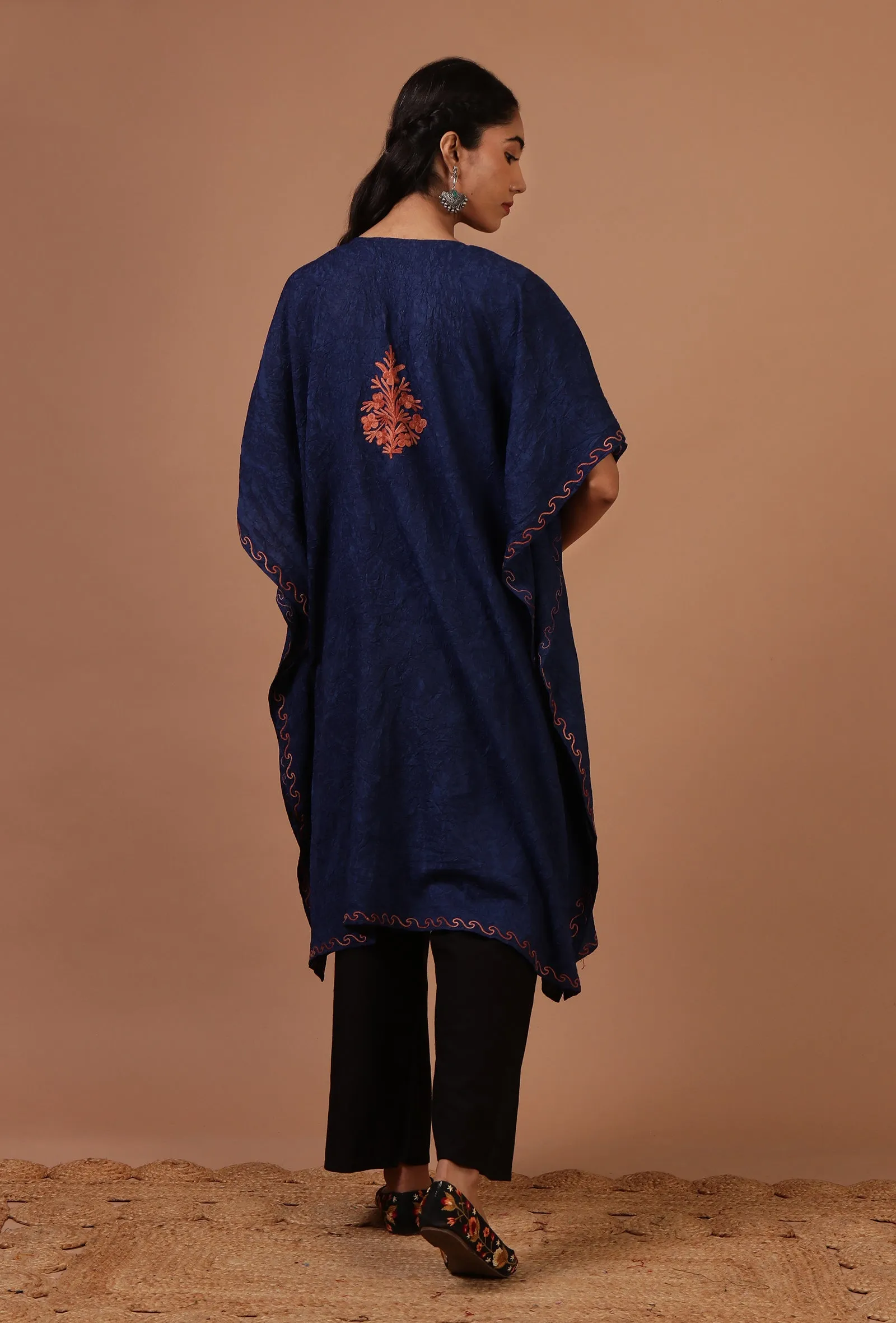 Blue Cotton Crush Ari Embroidered Kaftan- Free Size