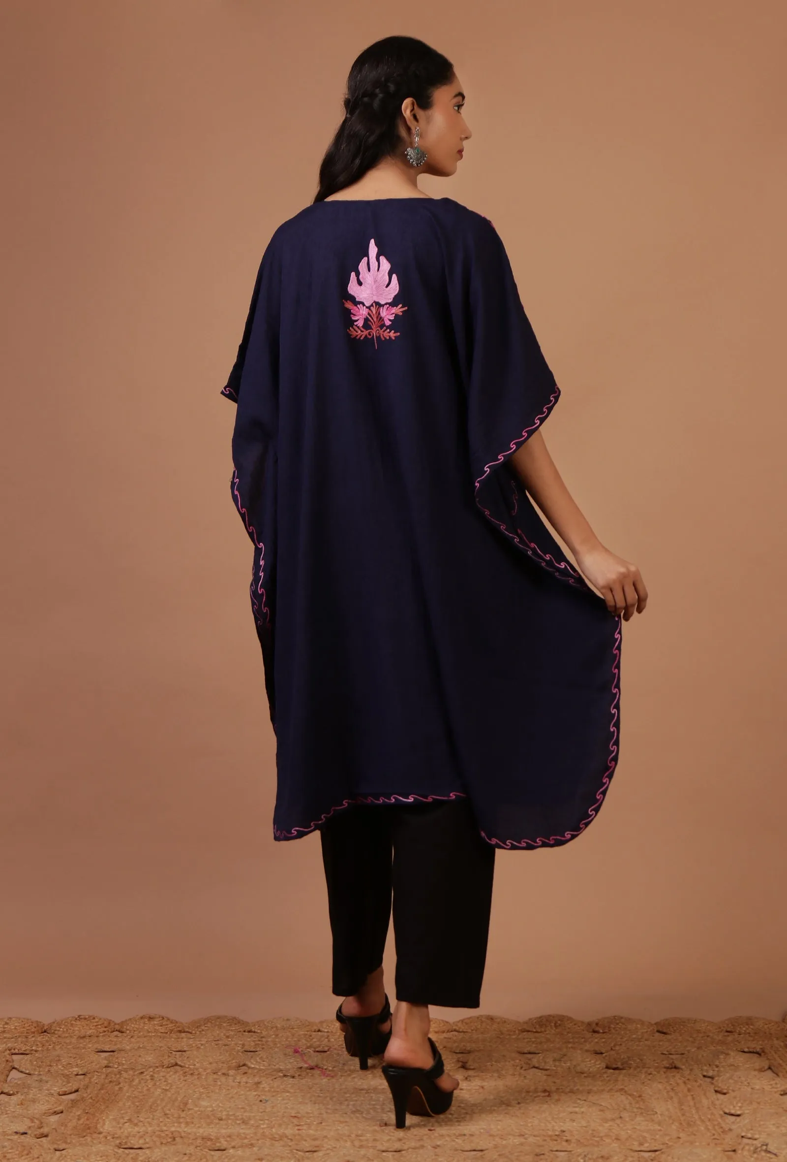 Bluish Purple Cotton Crush Ari Embroidered Kaftan- Free Size