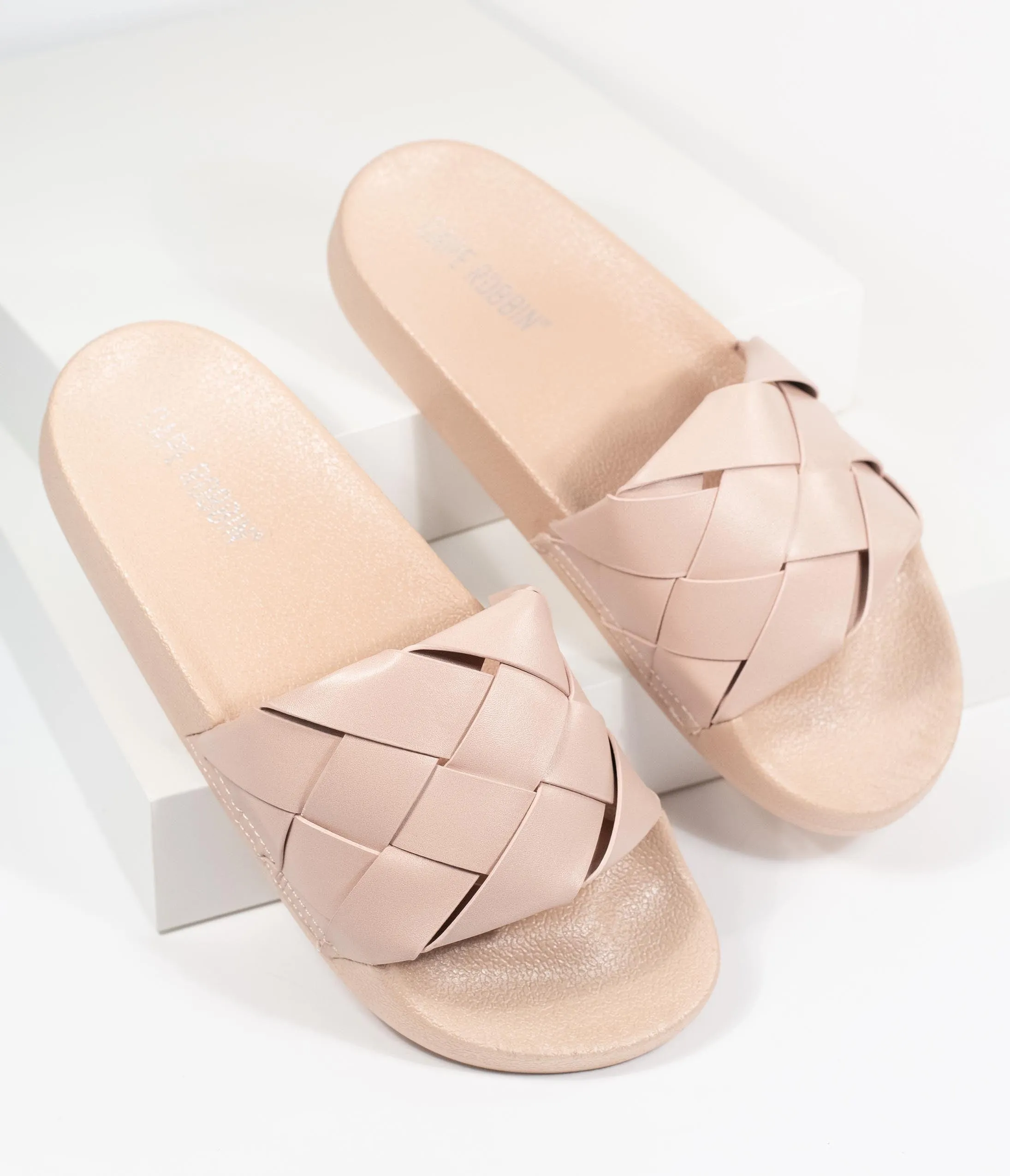 Blush Pink Leatherette Woven Slide Sandals