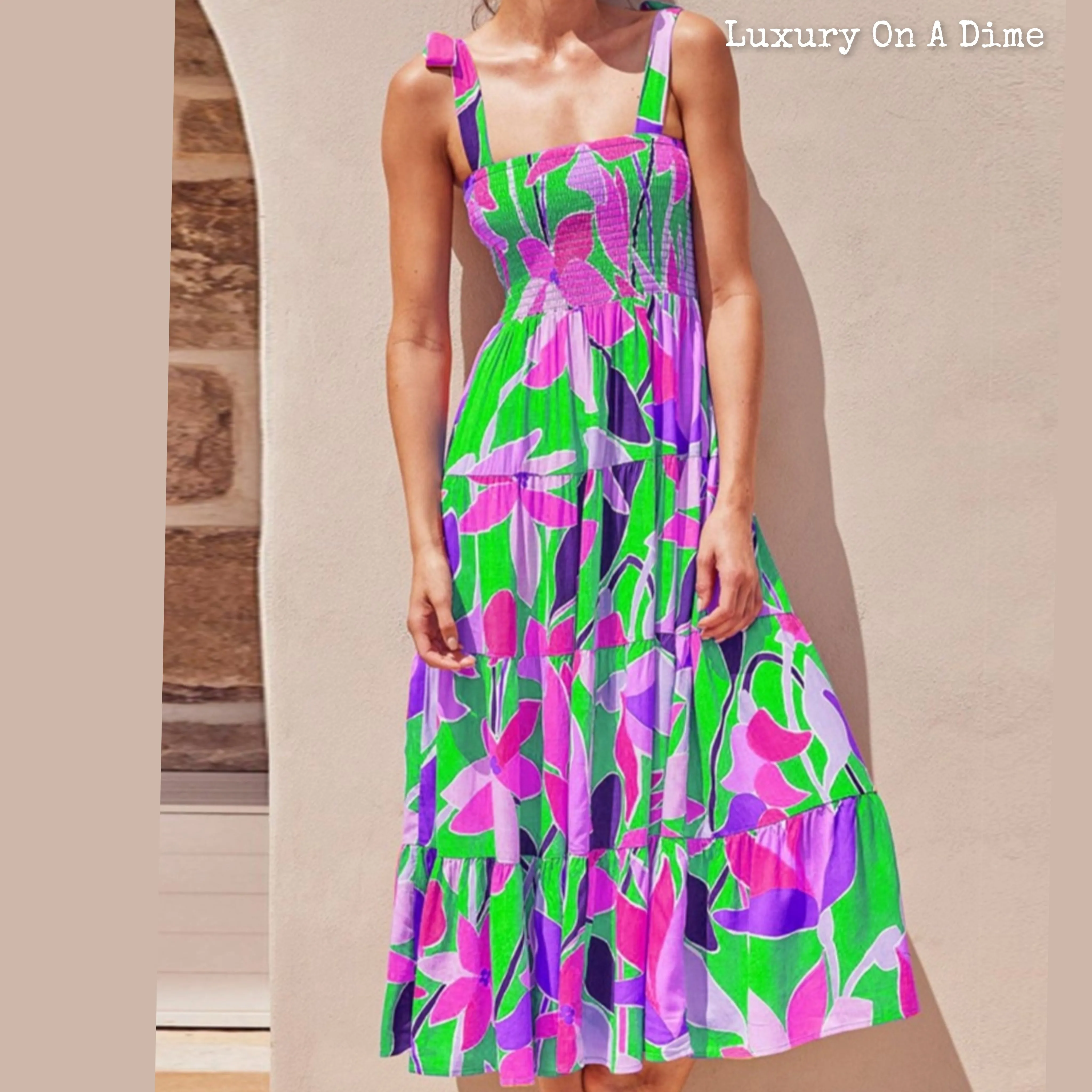 Bright Neon Floral Abstract Tie Shoulder Smocked Bodice Tiered Maxi Summer Dress