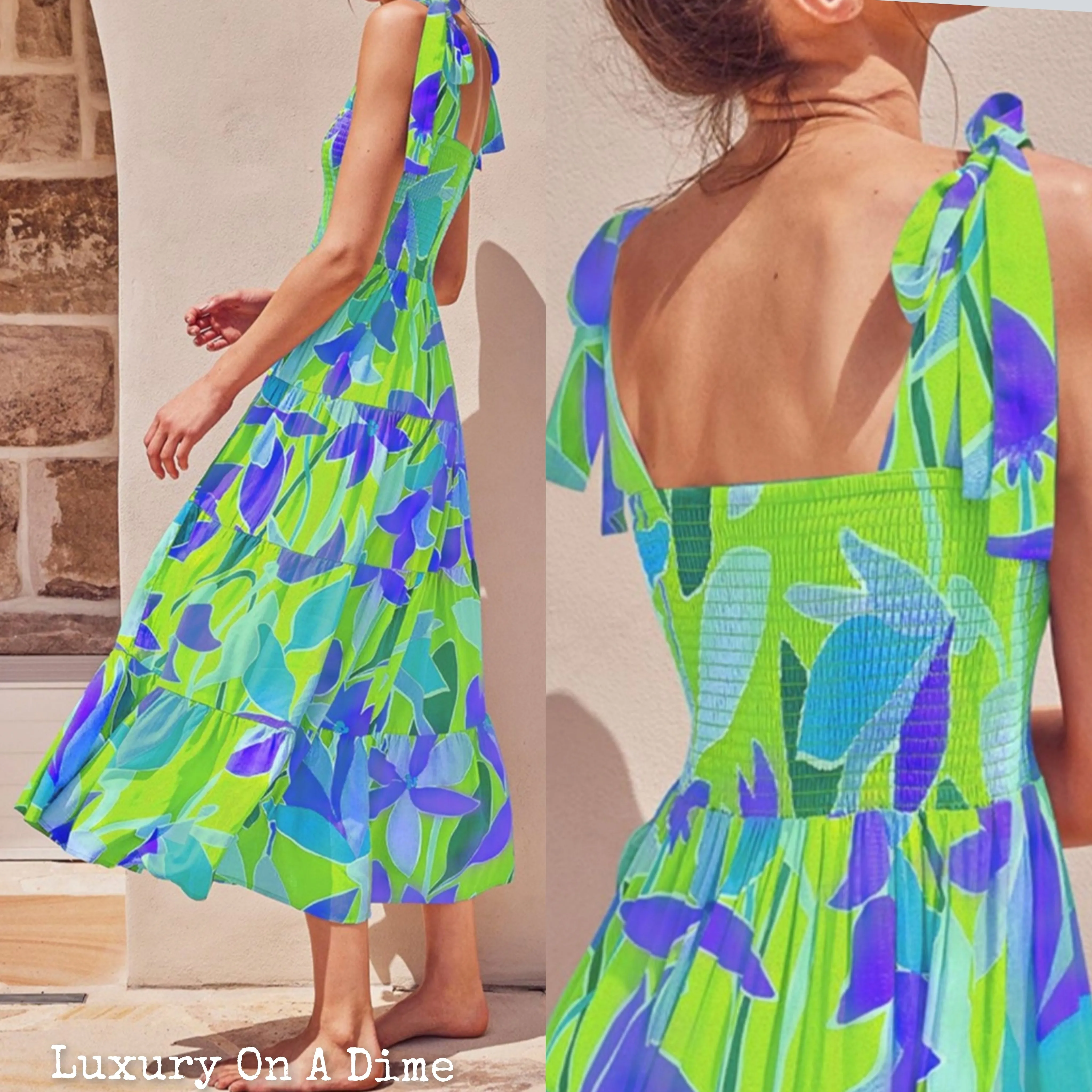 Bright Neon Floral Abstract Tie Shoulder Smocked Bodice Tiered Maxi Summer Dress