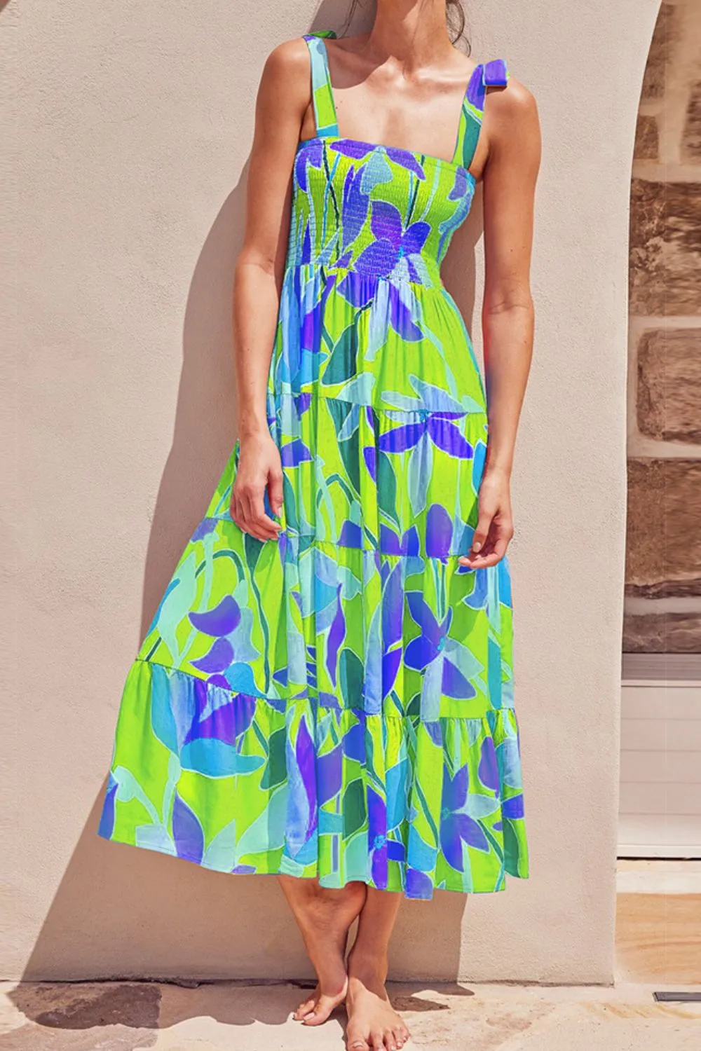 Bright Neon Floral Abstract Tie Shoulder Smocked Bodice Tiered Maxi Summer Dress