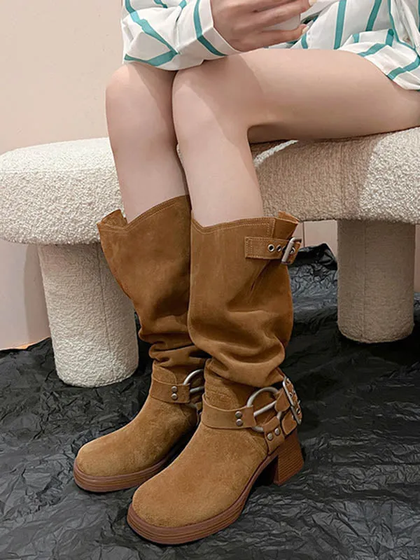 Buckle Round-Toe Split-Joint Velvet Pumps Boots