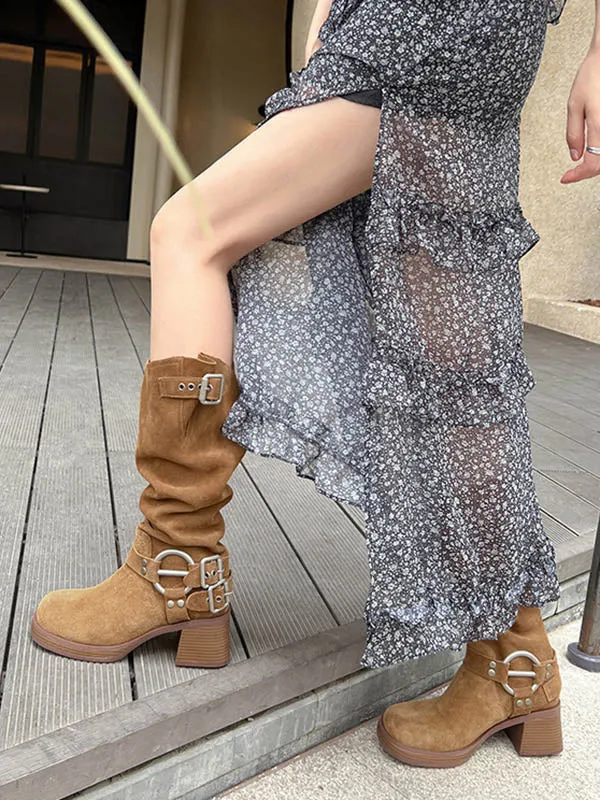 Buckle Round-Toe Split-Joint Velvet Pumps Boots