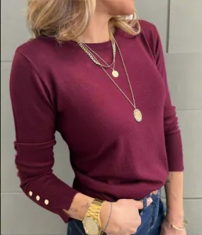 Burgundy Fine Knit Button Cuff Jumper