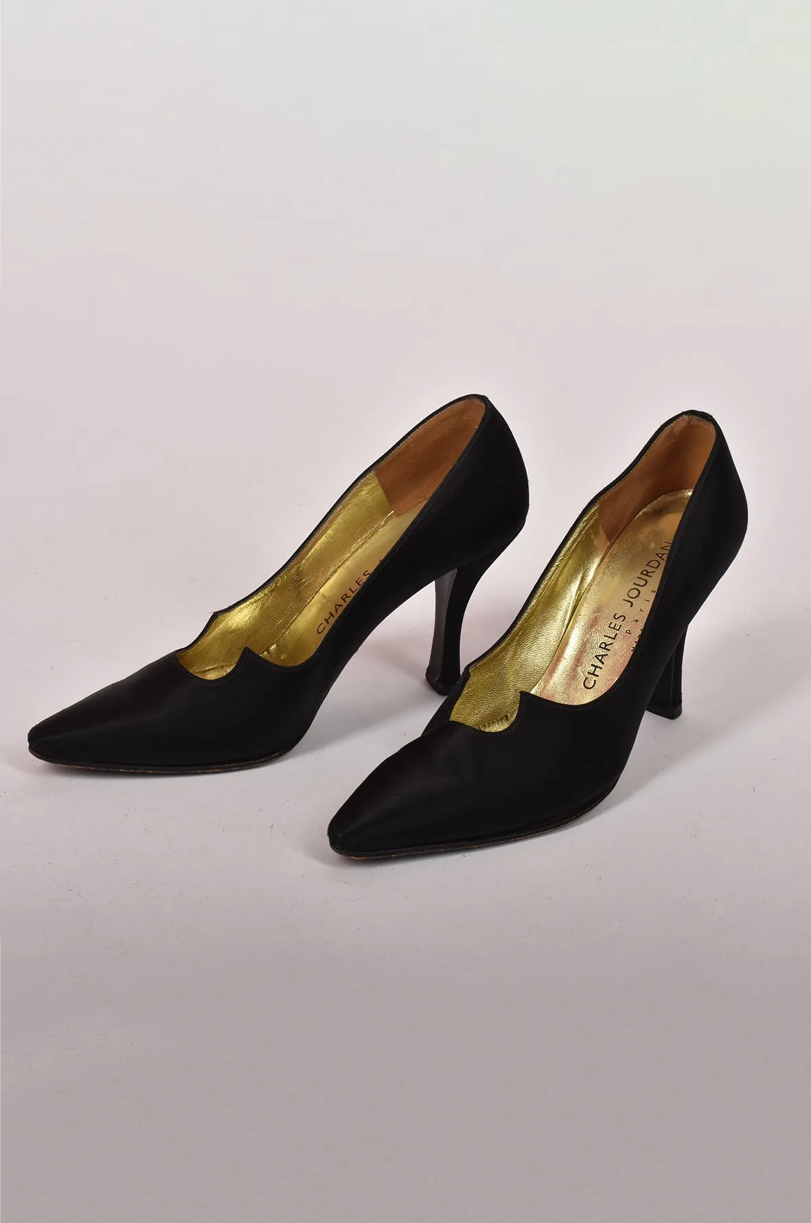 CHARLES JOURDAN BLACK SATIN CUT-OUT HEEL