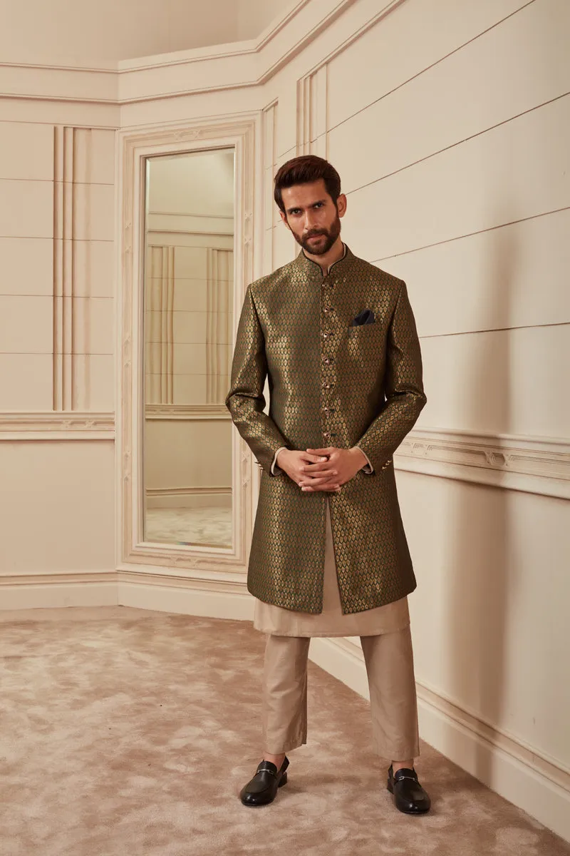 Dark Green Classic Brocade Achkan With Metallic Buttons