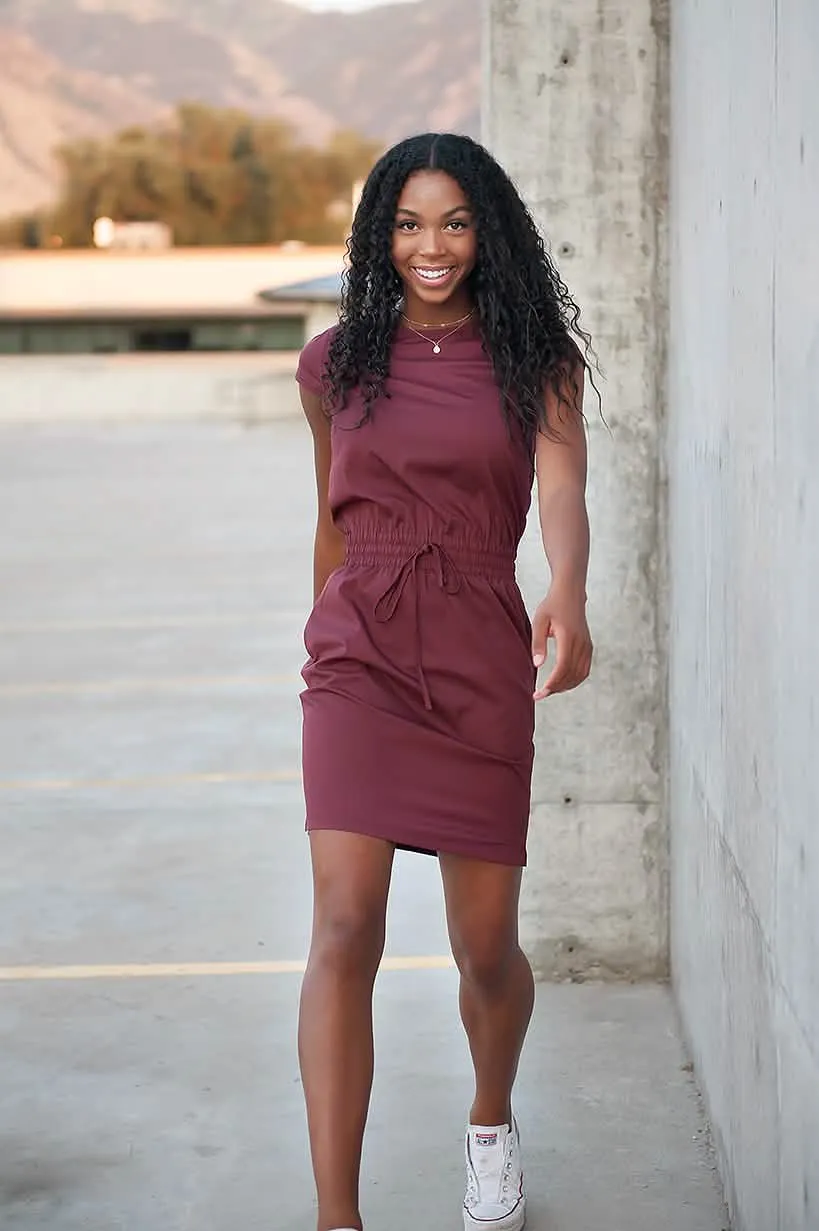 Elegant Burgundy Cap Sleeve Dress with Functional Pockets for Women