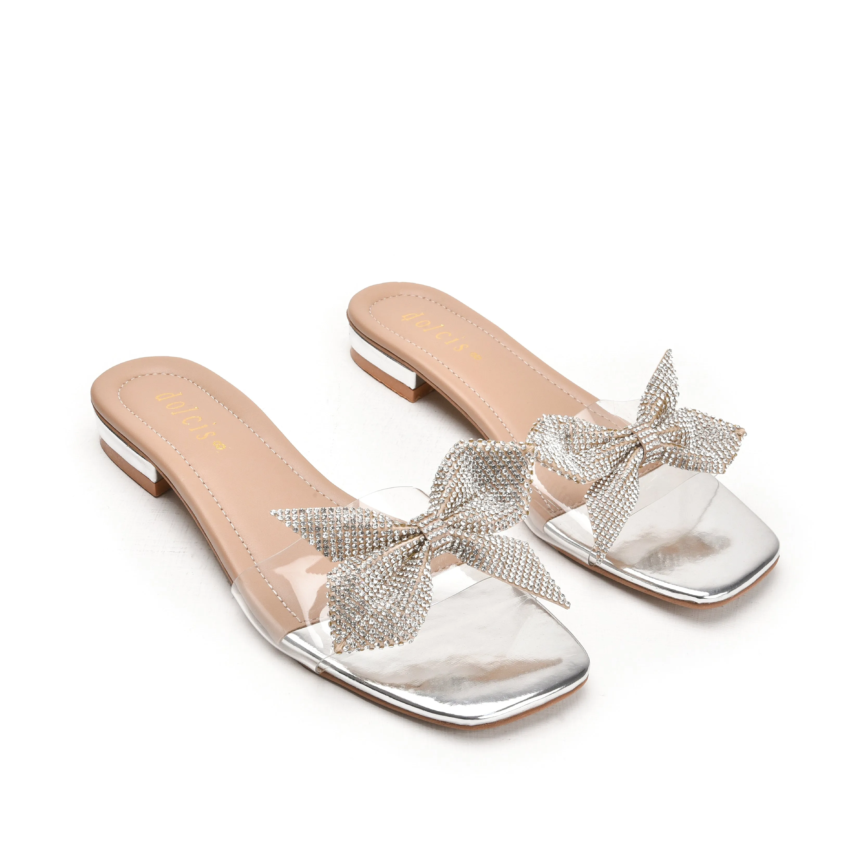 Elegant Silver Bow Embellished Flats | 547K-S