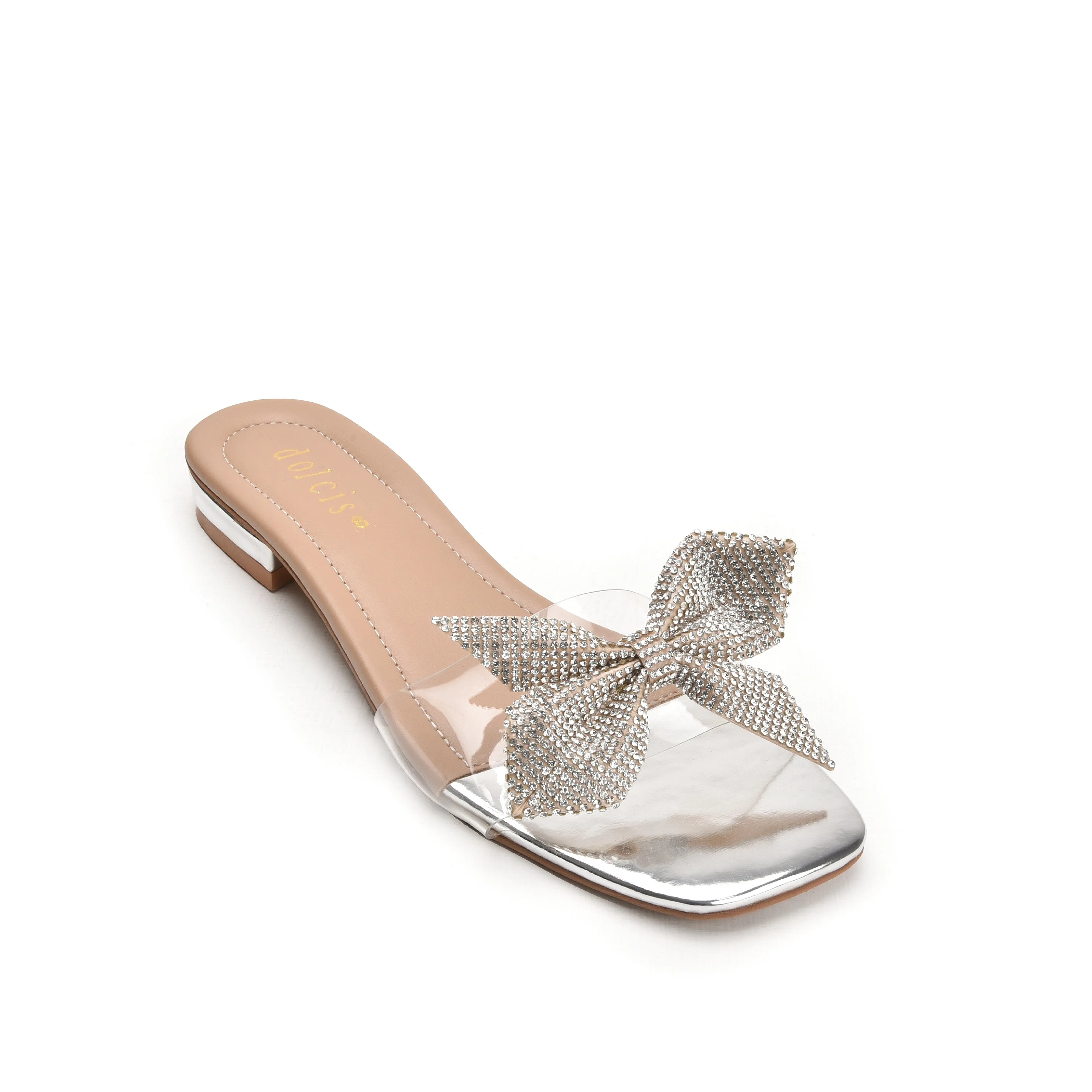 Elegant Silver Bow Embellished Flats | 547K-S