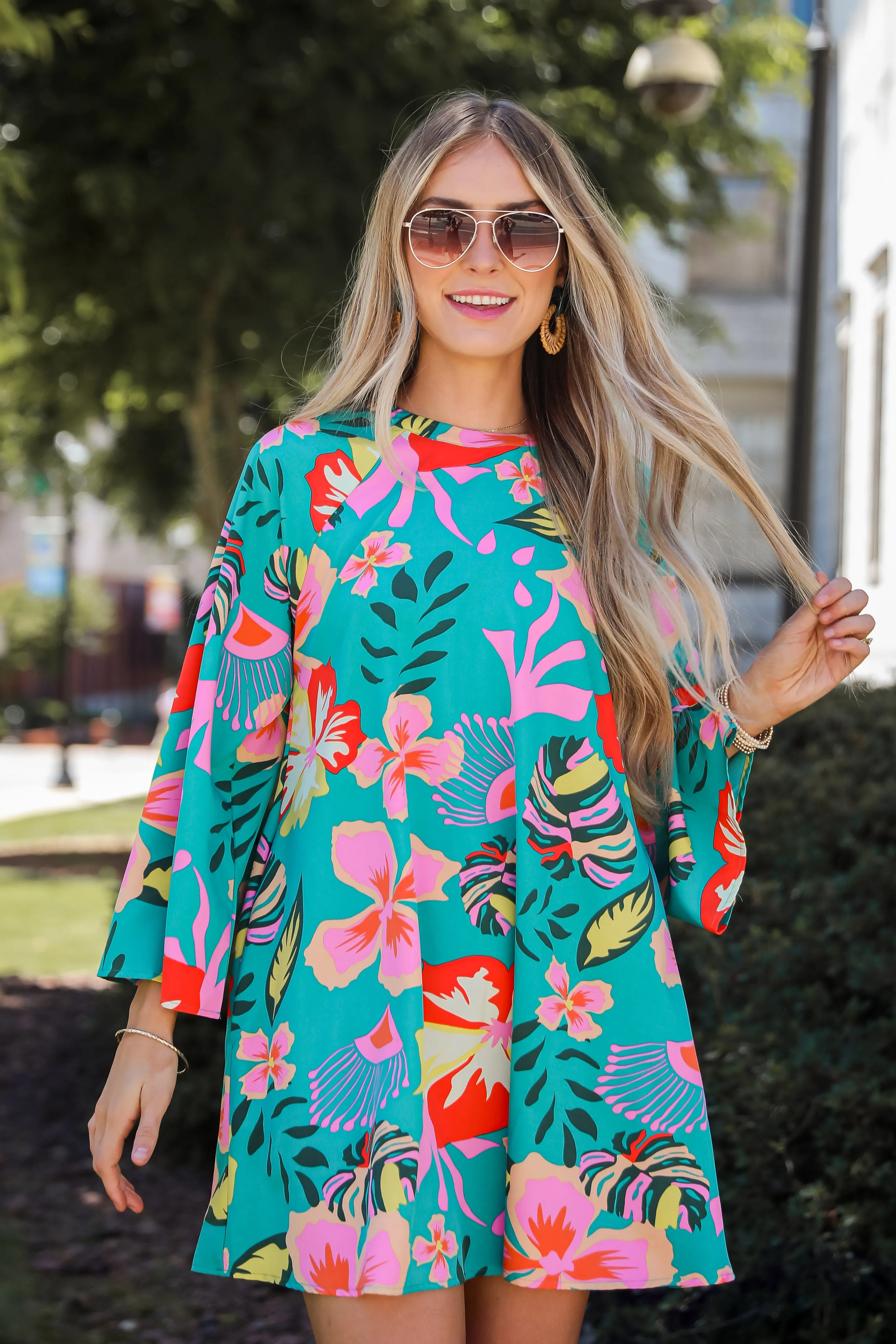 FINAL SALE - Island Ease Teal Tropical Mini Dress