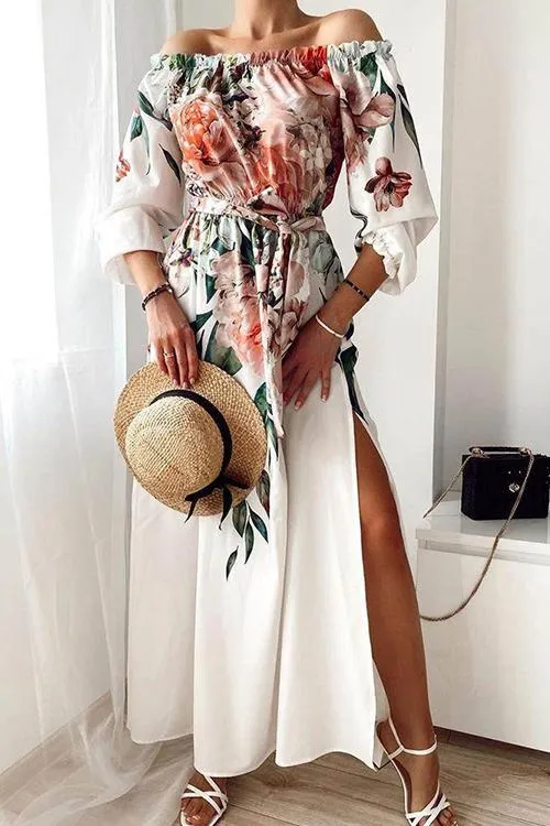 Floral Print Off Shoulder Slit Maxi Dress