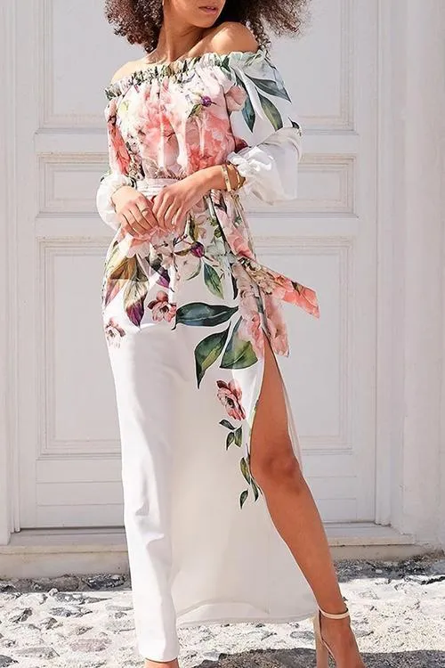 Floral Print Off Shoulder Slit Maxi Dress