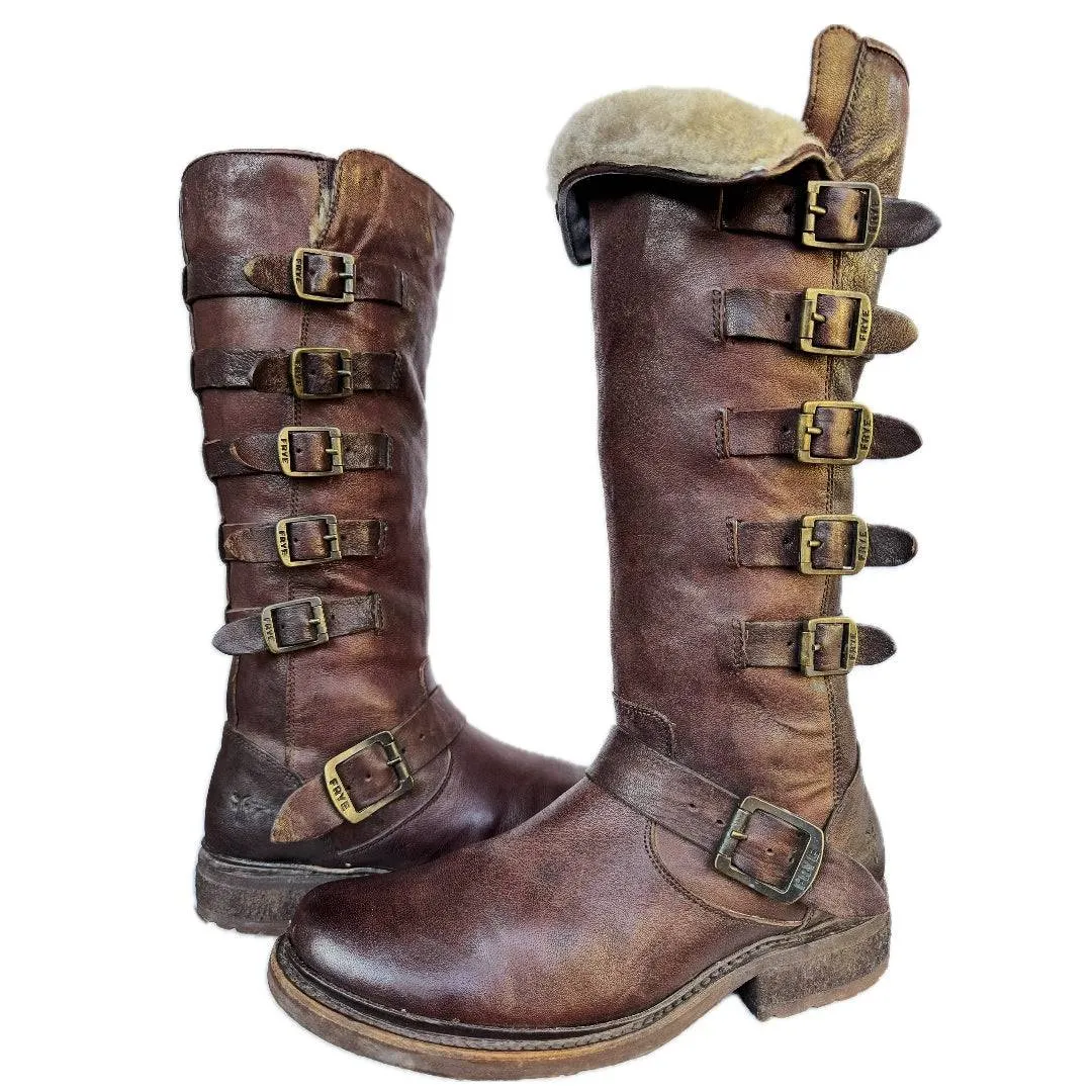 FRYE Valerie Belted Shearling Strappy Brown Tall Biker Moto Motorcycle Winter Boots