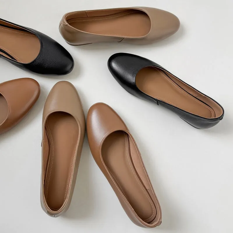 Genuine Leather Slip-on For Women Handmade Round Toe Flats in Black/Apricot/Brown