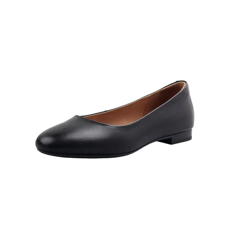 Genuine Leather Slip-on For Women Handmade Round Toe Flats in Black/Apricot/Brown