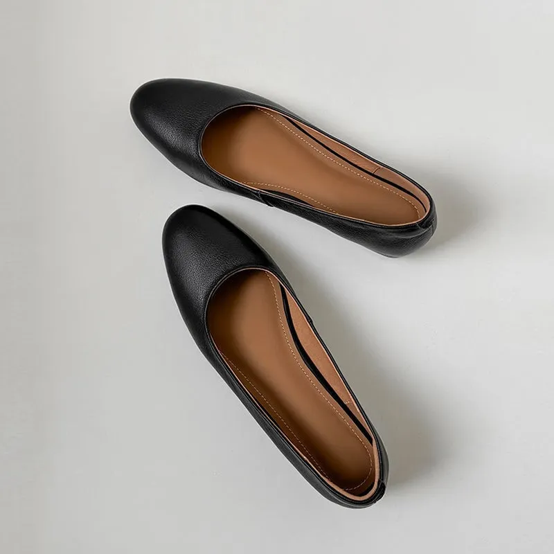 Genuine Leather Slip-on For Women Handmade Round Toe Flats in Black/Apricot/Brown