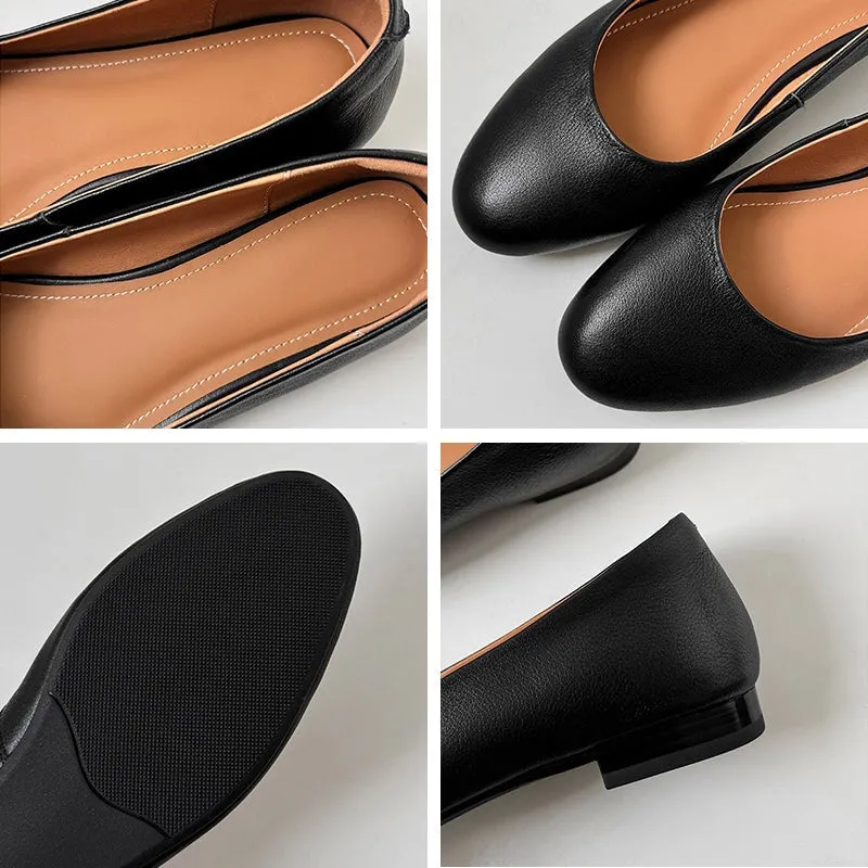 Genuine Leather Slip-on For Women Handmade Round Toe Flats in Black/Apricot/Brown