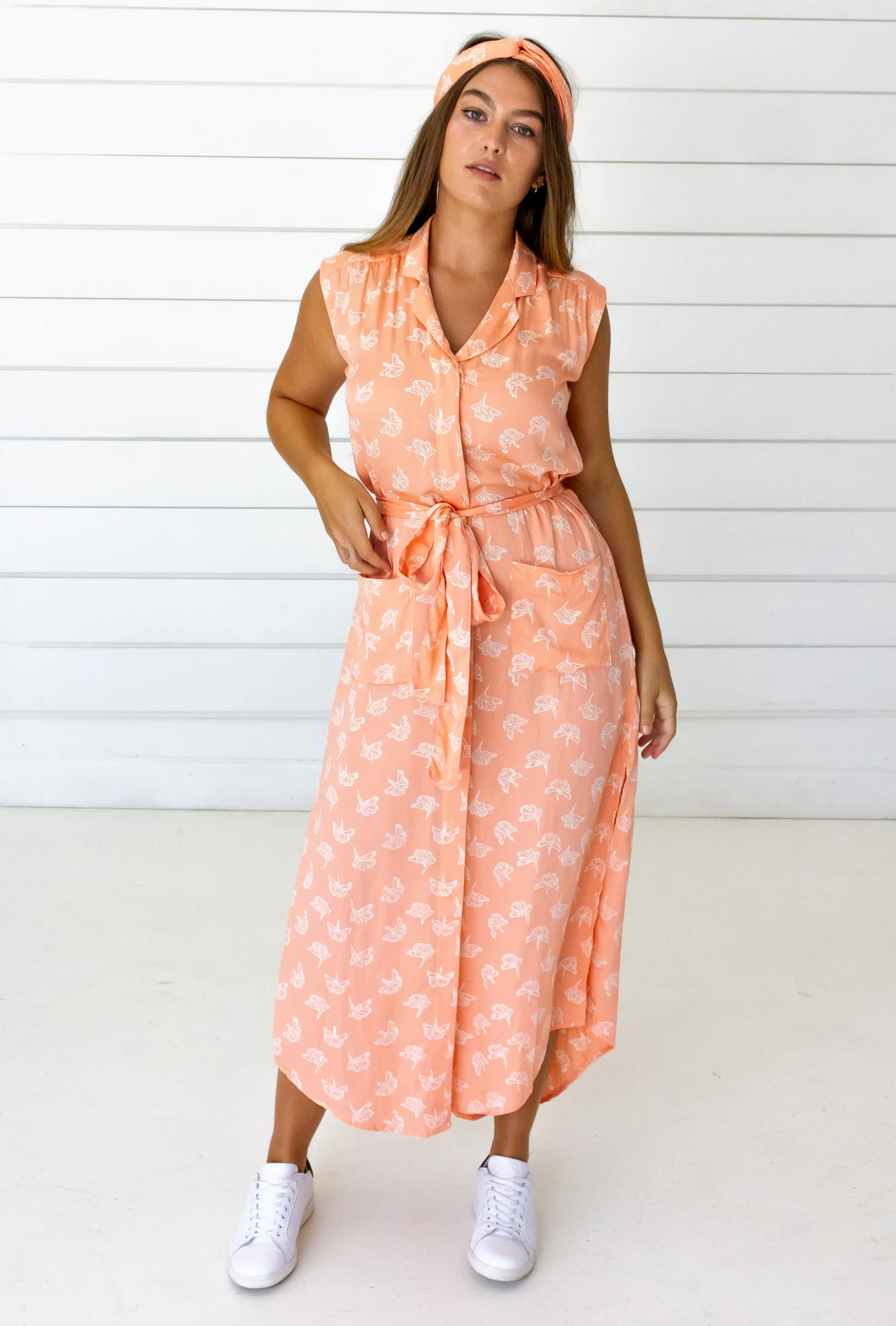 Ginkgo Leaf Shirtdress in Peach   Cream