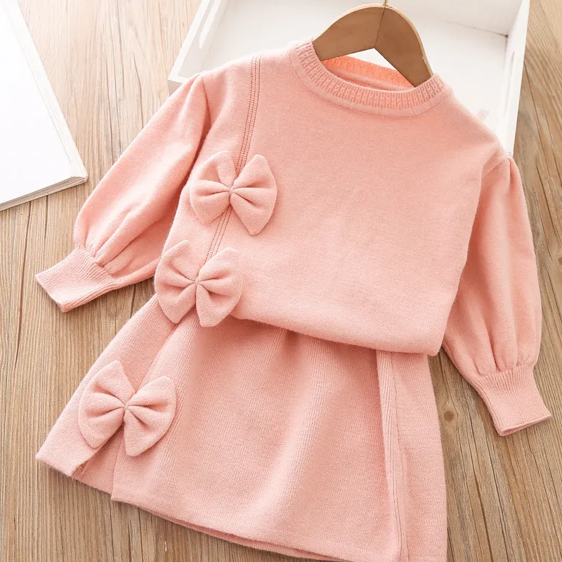 Girls knitted skirt suit autumn and winter new bow thickened warm sweater two-piece set