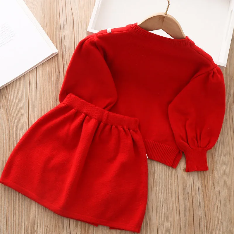 Girls knitted skirt suit autumn and winter new bow thickened warm sweater two-piece set