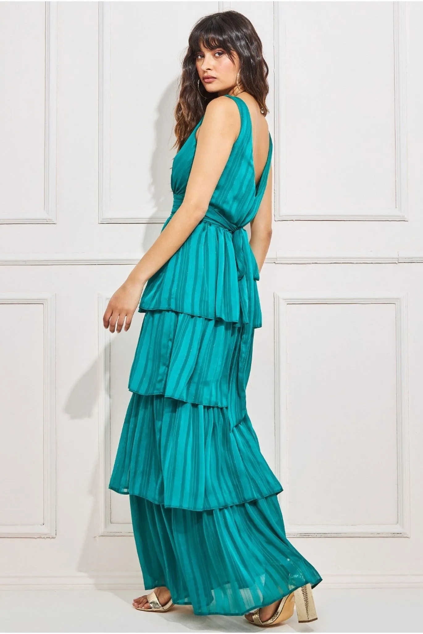 Goddiva Tiered Chiffon Maxi Dress - Emerald