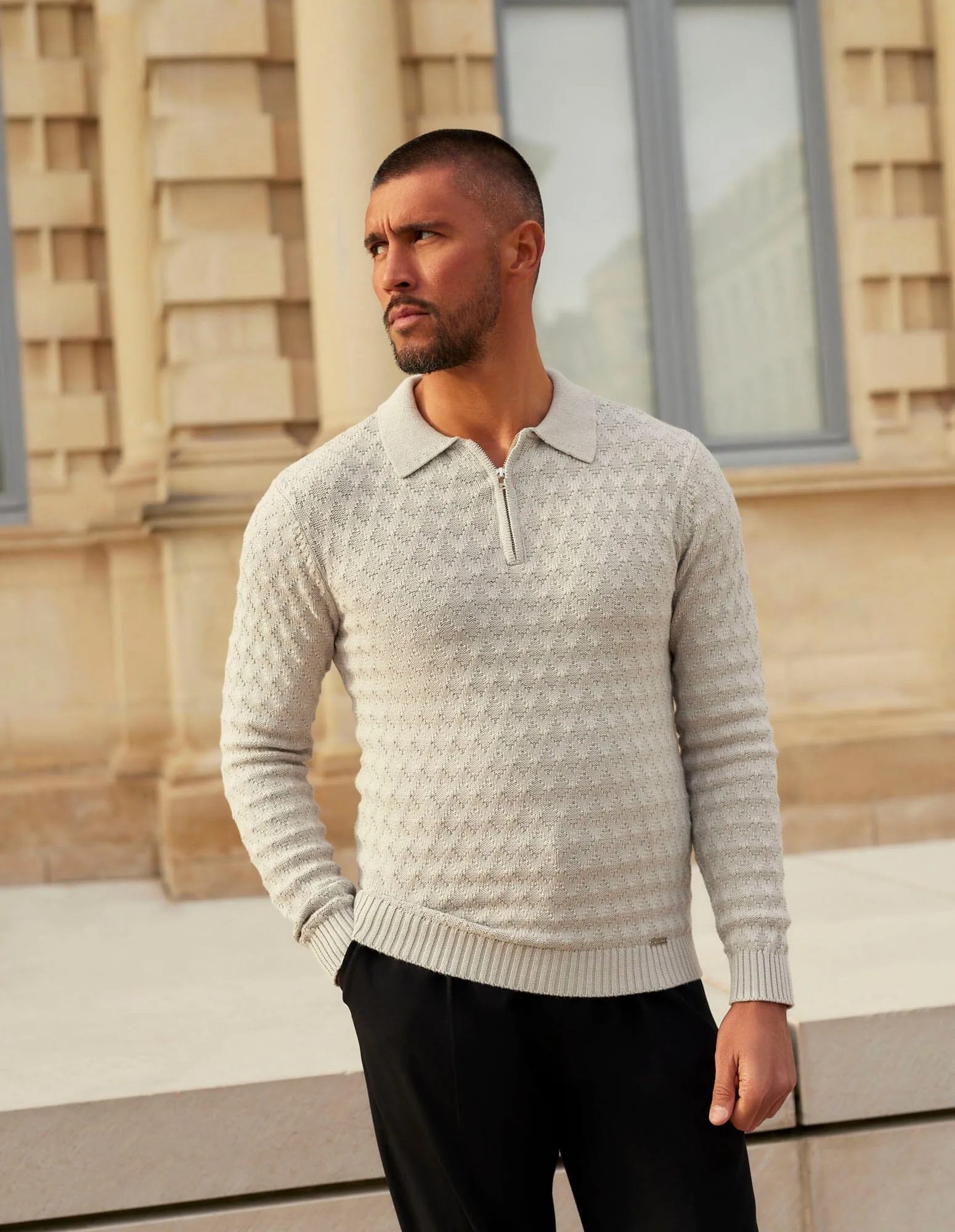 Grey Diamond Knit Polo