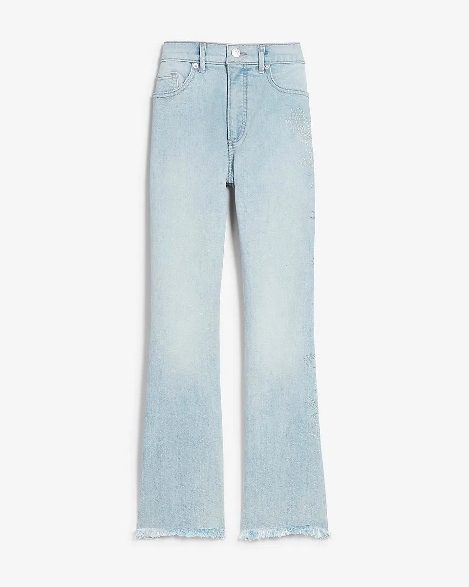 High Waisted Faded Frayed Hem Cropped Flare Jeans in Light Wash