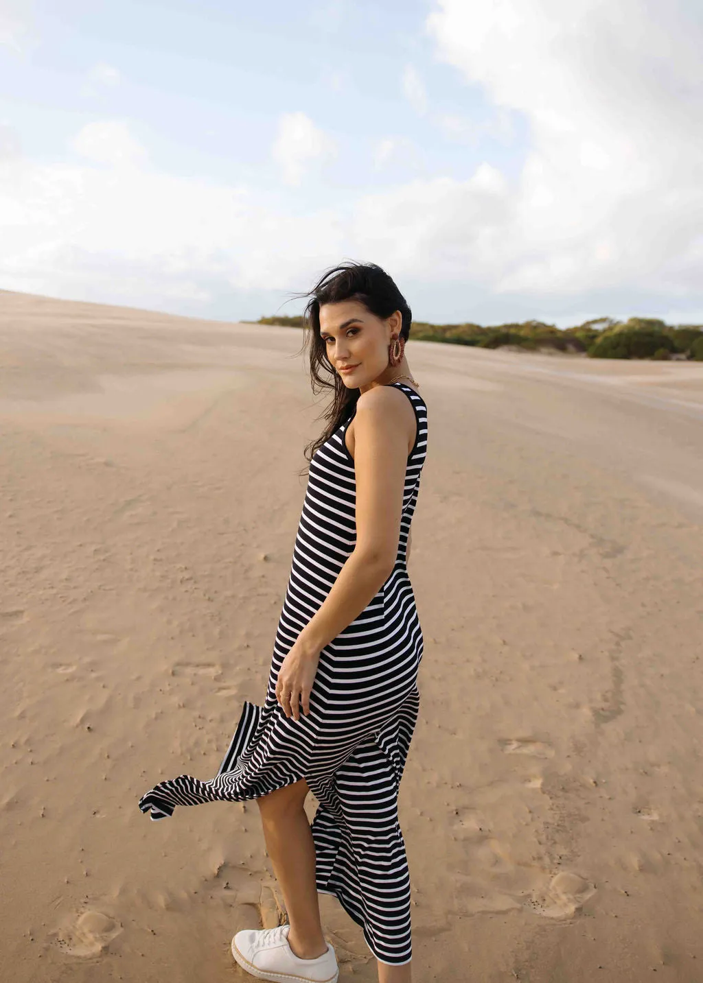 Janet Sleeveless Bamboo Maxi Dress - Black & White Stripe