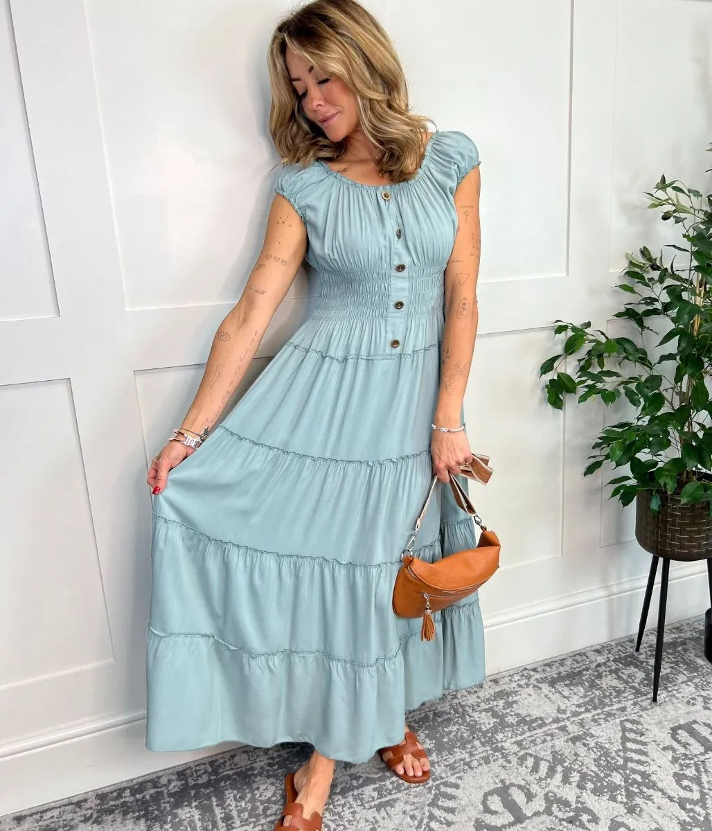 Khaki Tiered Shirred Midi Dress