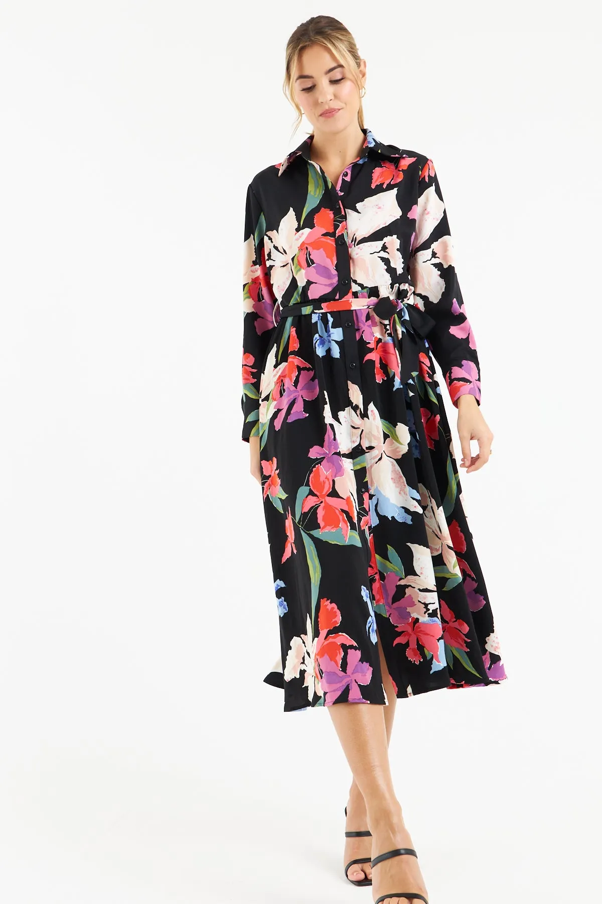 Kitty Floral Shirt Dress (Black)