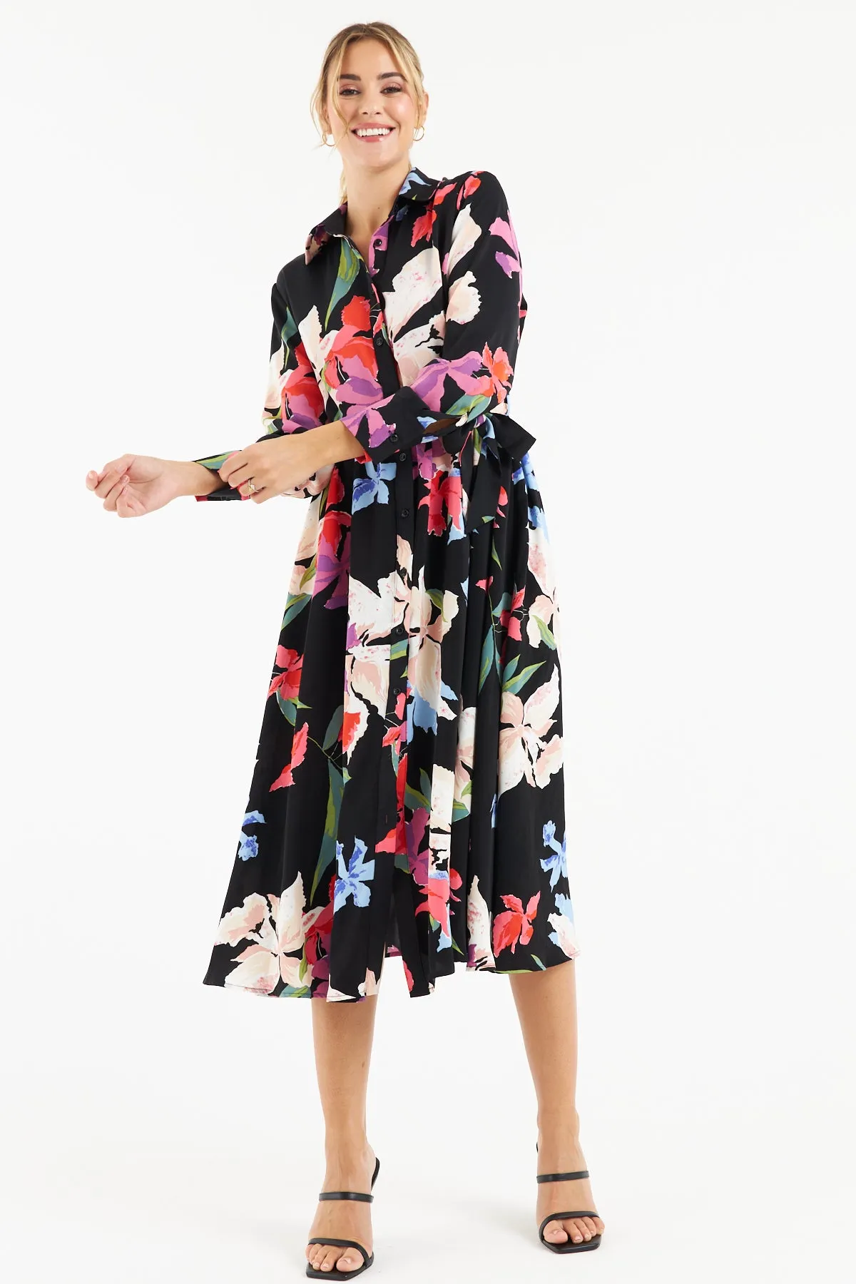 Kitty Floral Shirt Dress (Black)