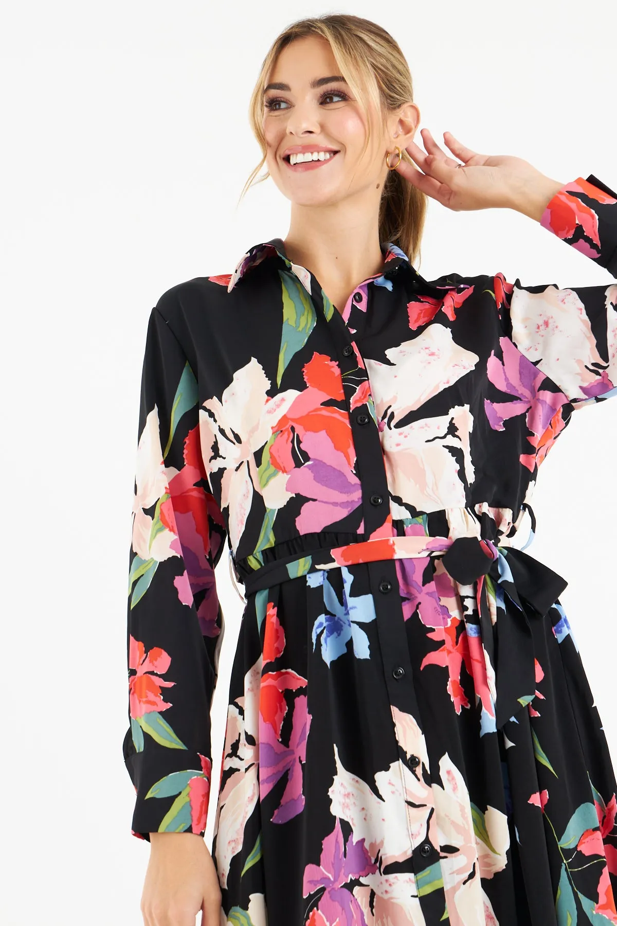 Kitty Floral Shirt Dress (Black)