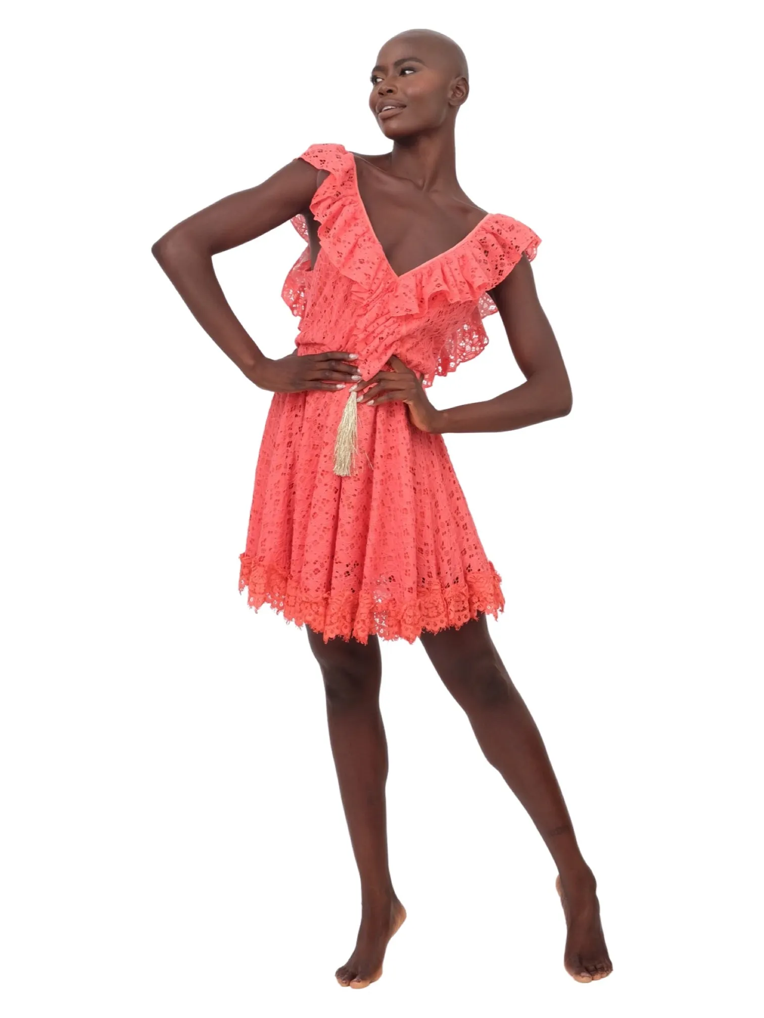 Lace Ruffle Dress - Coral