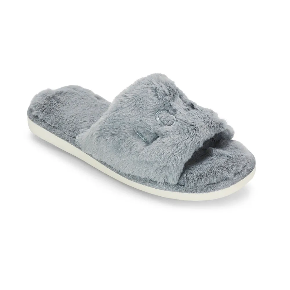 Lula Peep Toe Fluffy Soft Faux Fur Flat Embroidered Cosy Love Slippers in Grey