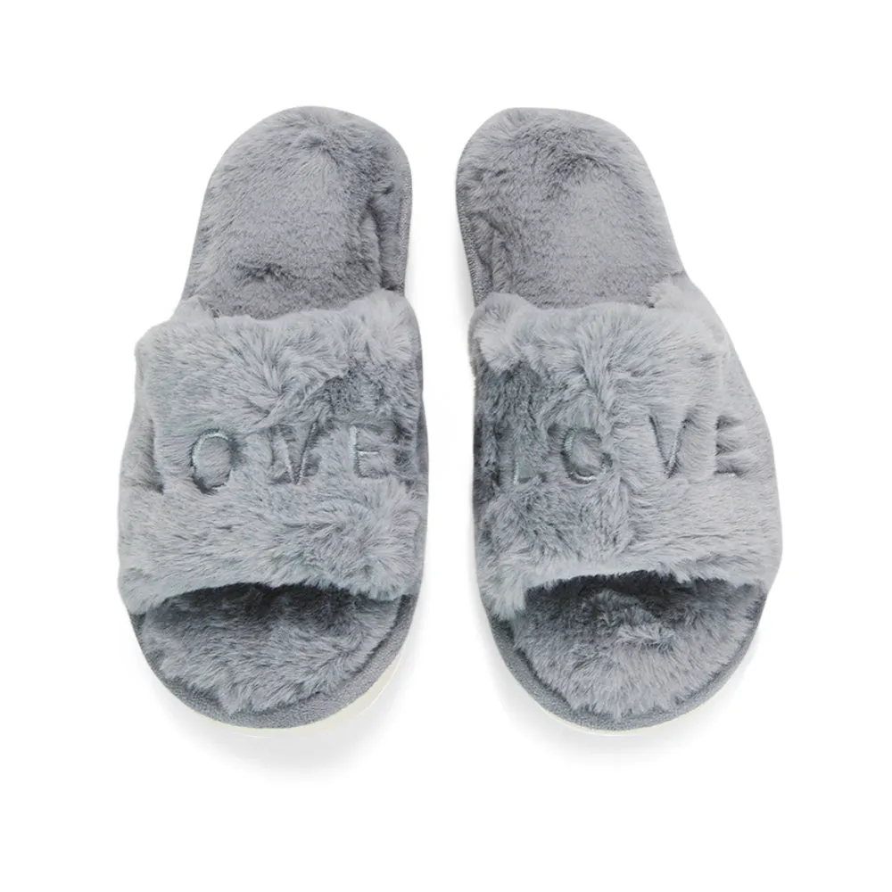 Lula Peep Toe Fluffy Soft Faux Fur Flat Embroidered Cosy Love Slippers in Grey