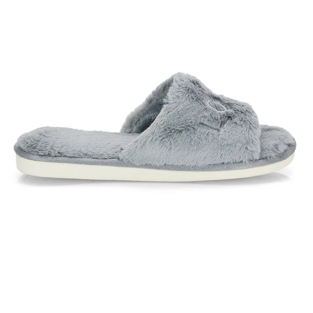 Lula Peep Toe Fluffy Soft Faux Fur Flat Embroidered Cosy Love Slippers in Grey