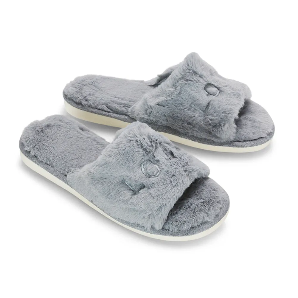 Lula Peep Toe Fluffy Soft Faux Fur Flat Embroidered Cosy Love Slippers in Grey