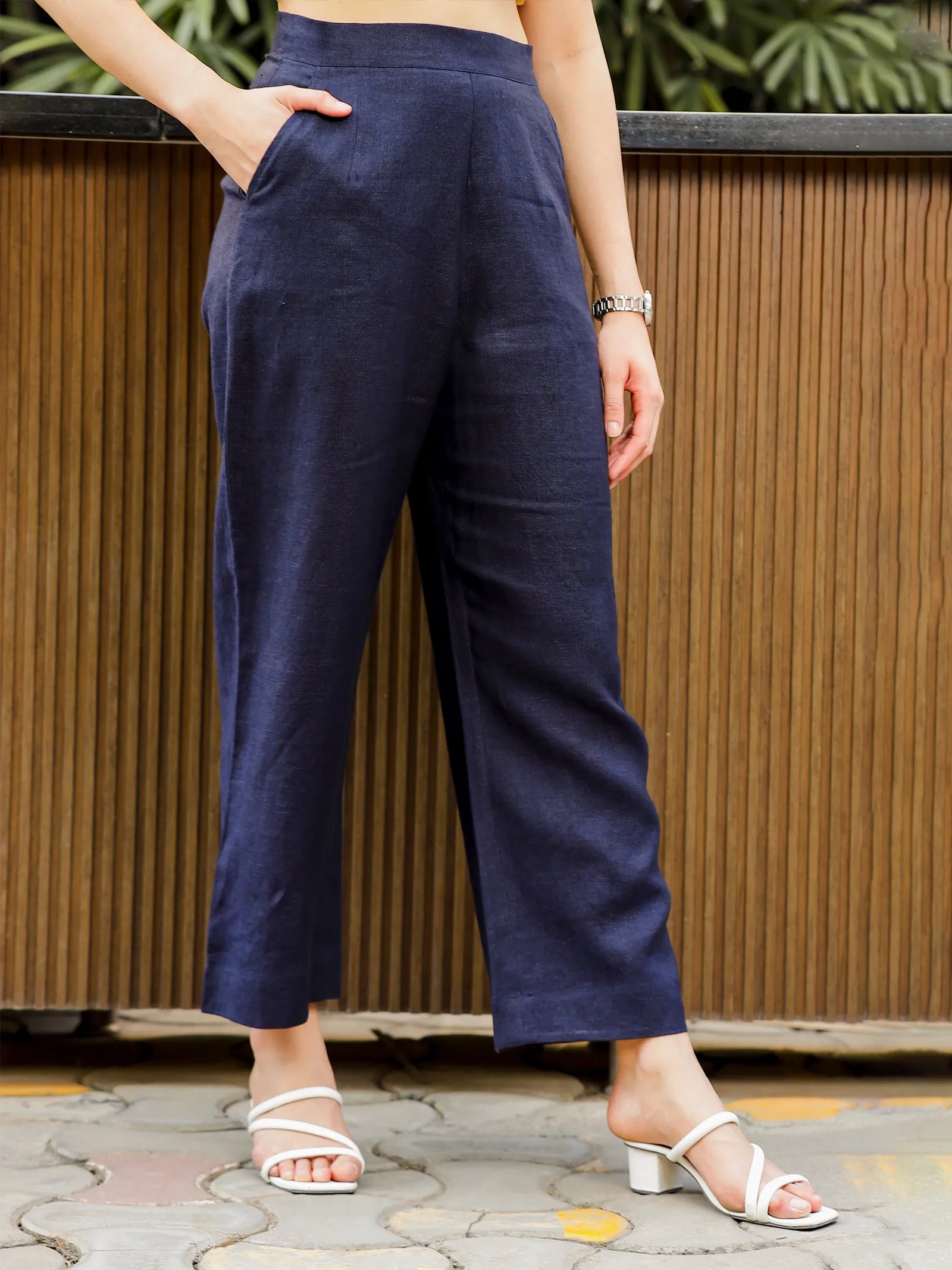 Luna - Ankle Length Pure Linen Trousers - Navy Blue