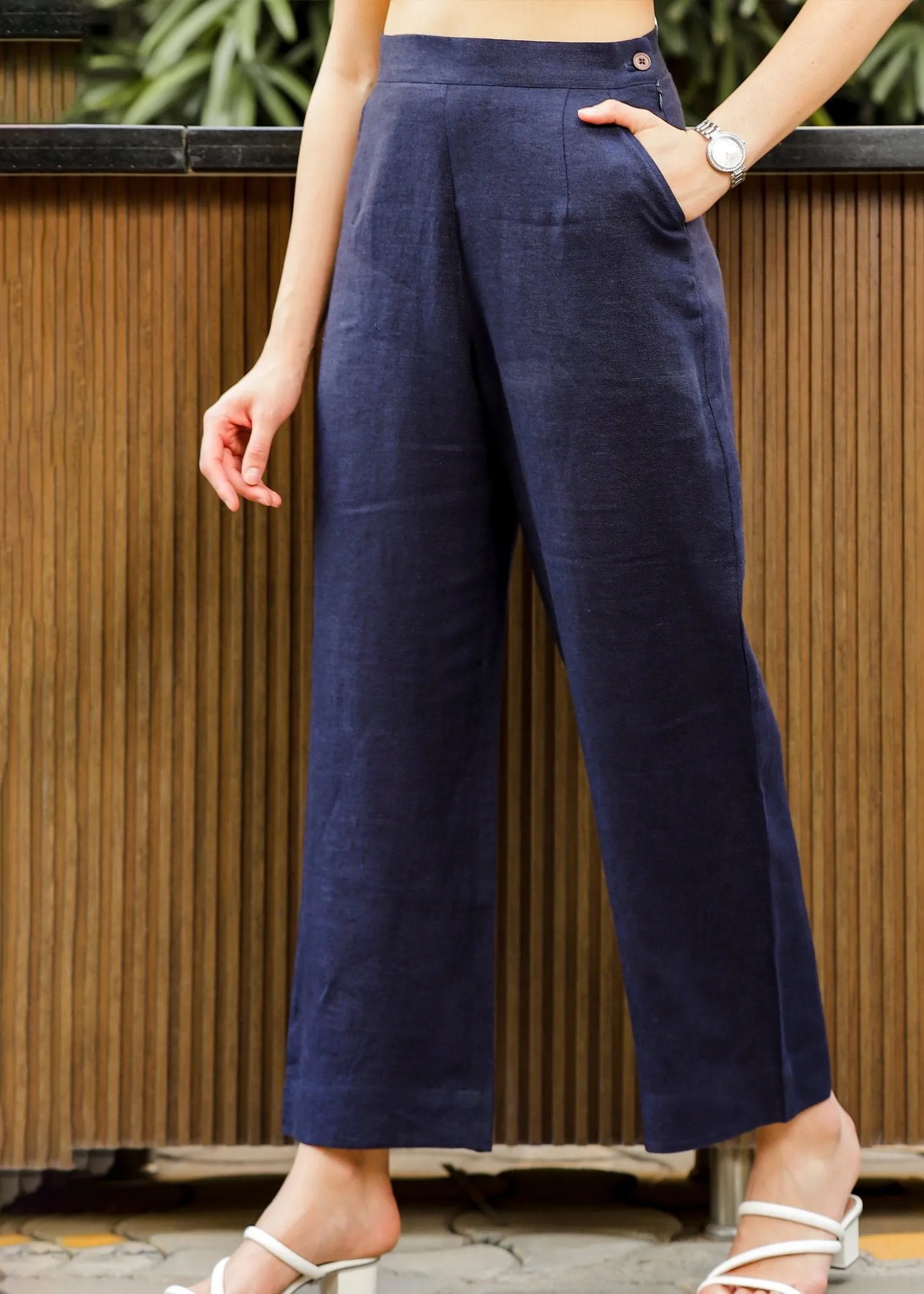 Luna - Ankle Length Pure Linen Trousers - Navy Blue