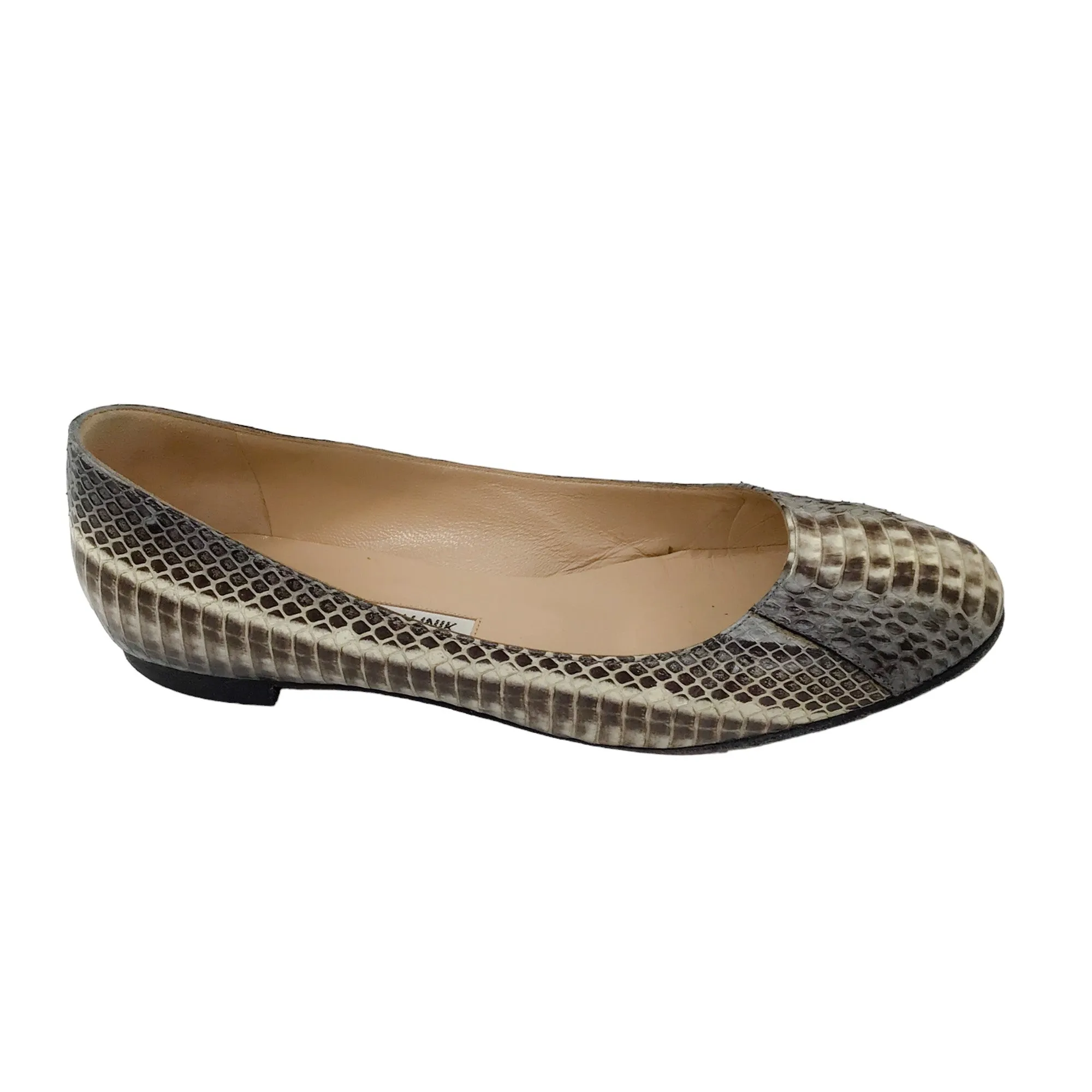 Manolo Blahnik Beige / Grey Snakeskin Leather Flats