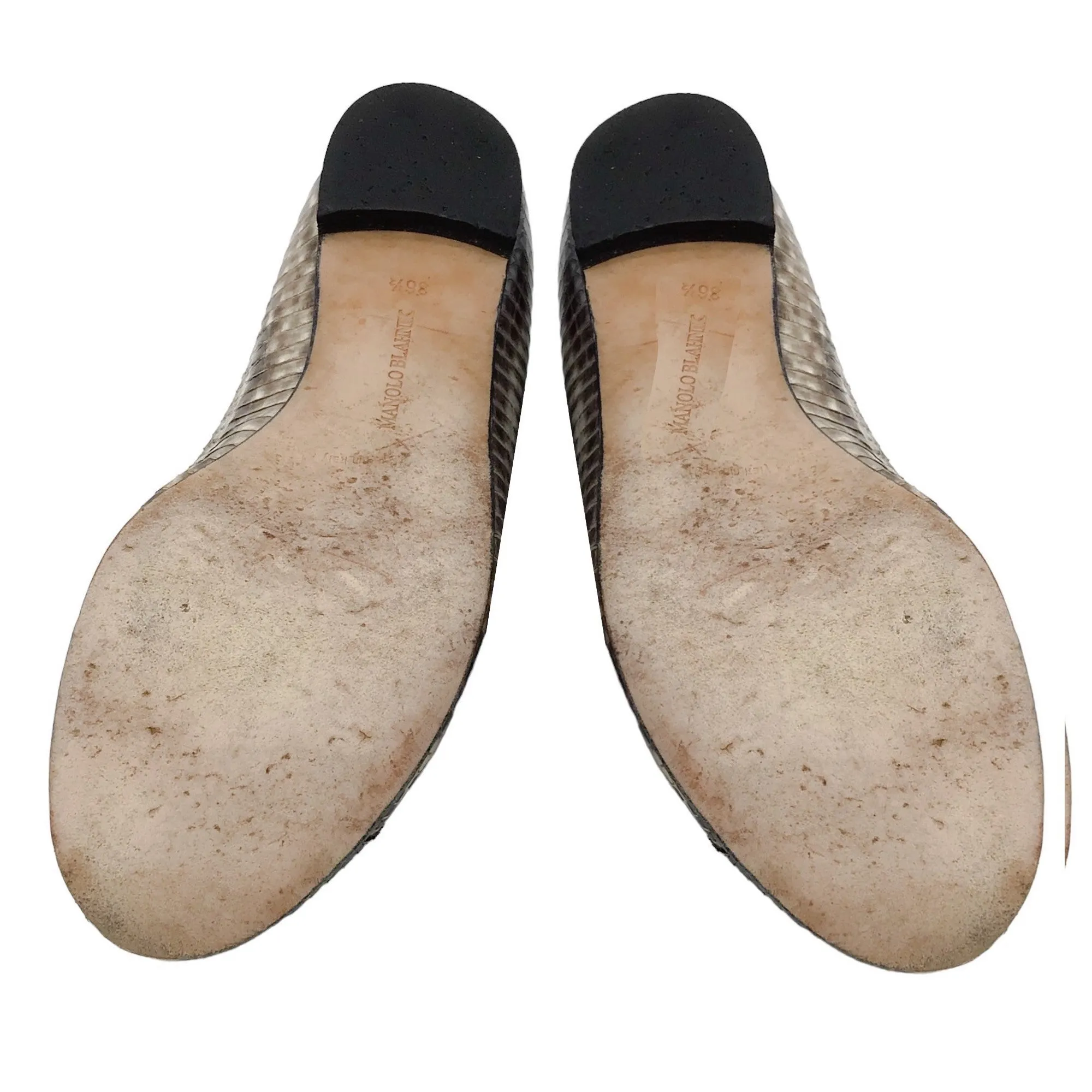 Manolo Blahnik Beige / Grey Snakeskin Leather Flats