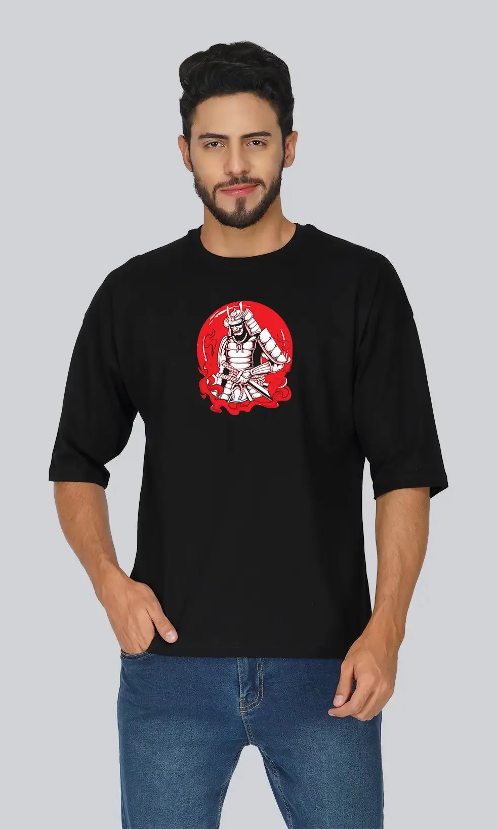 Men's Samurai Sword Graphic Printed Oversized T-shirt - Black