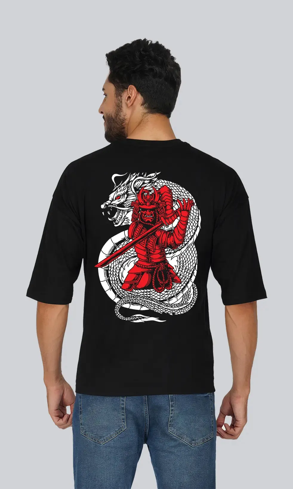 Men's Samurai Sword Graphic Printed Oversized T-shirt - Black