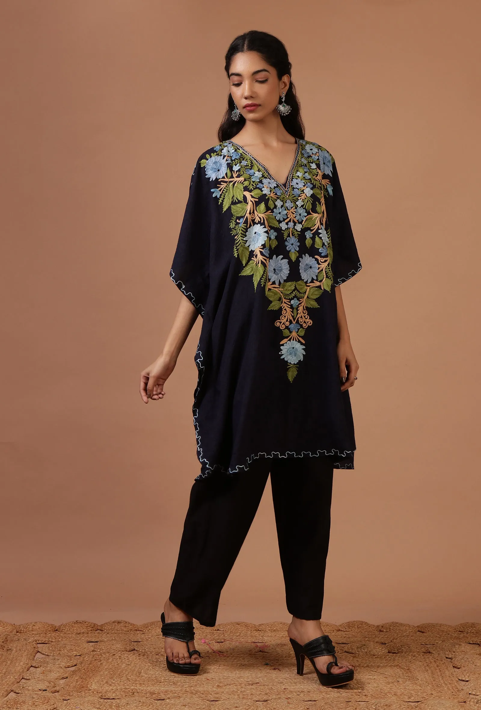 Navy Blue Cotton Crush Ari Embroidered Kaftan- Free Size